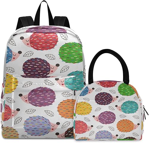 Lindas flores de caballo fondo de cuento de hadas mochila infantil grande impermeable bolsa de almuerzo mochila con lonchera, Erizos coloridos.