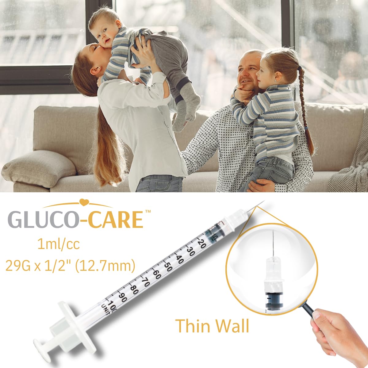 GLUCO-CARE Jeringas de 1 ml/cc de 29 g x 12,7 mm, 100 unidades por caja