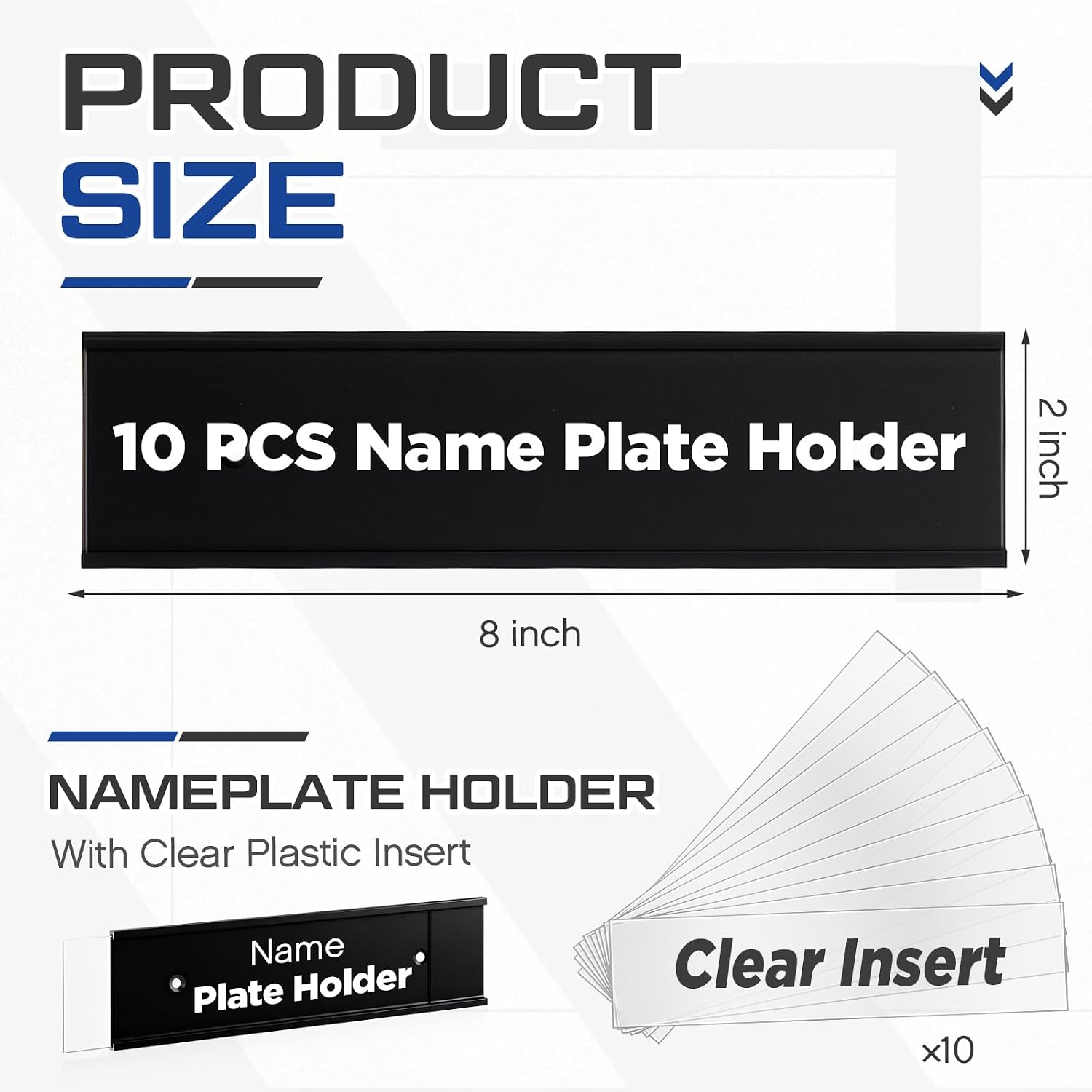 10 Pcs 8'' x 2'' Aluminum Name Plate Holders with Clear Inserts for Door or Wall, Office Wall Mount Nameplates Door Sign for Office, Cubicle, Meeting Room, Business Display (Black) image 3