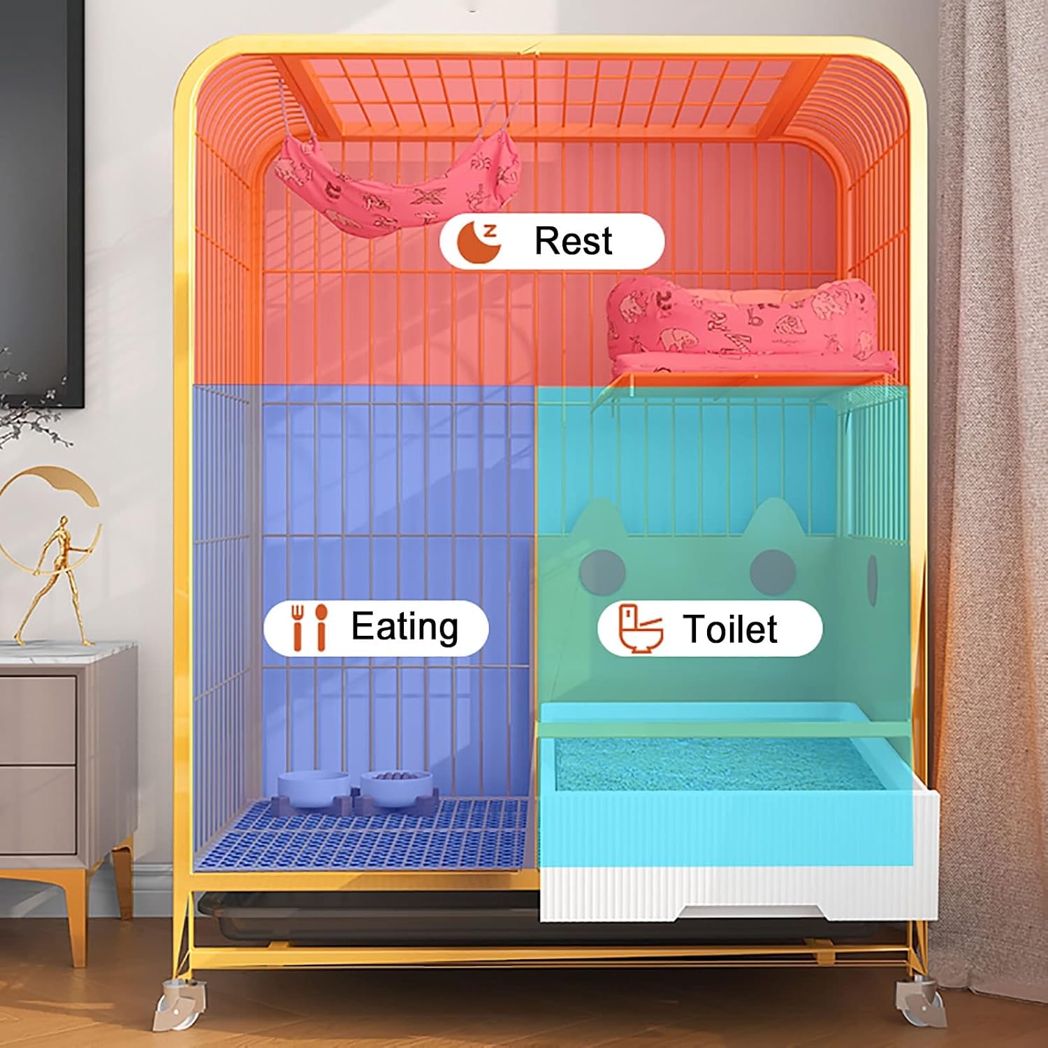 Indoor Cat Cage with Litter Box - Large Cat Cages Cat Crate Cat Playpen with Wheels Metal Kitten Cage Small Animals - for Small Animal Puppies Kitties Bunny,White/Yellow,White-78x55x138cm
