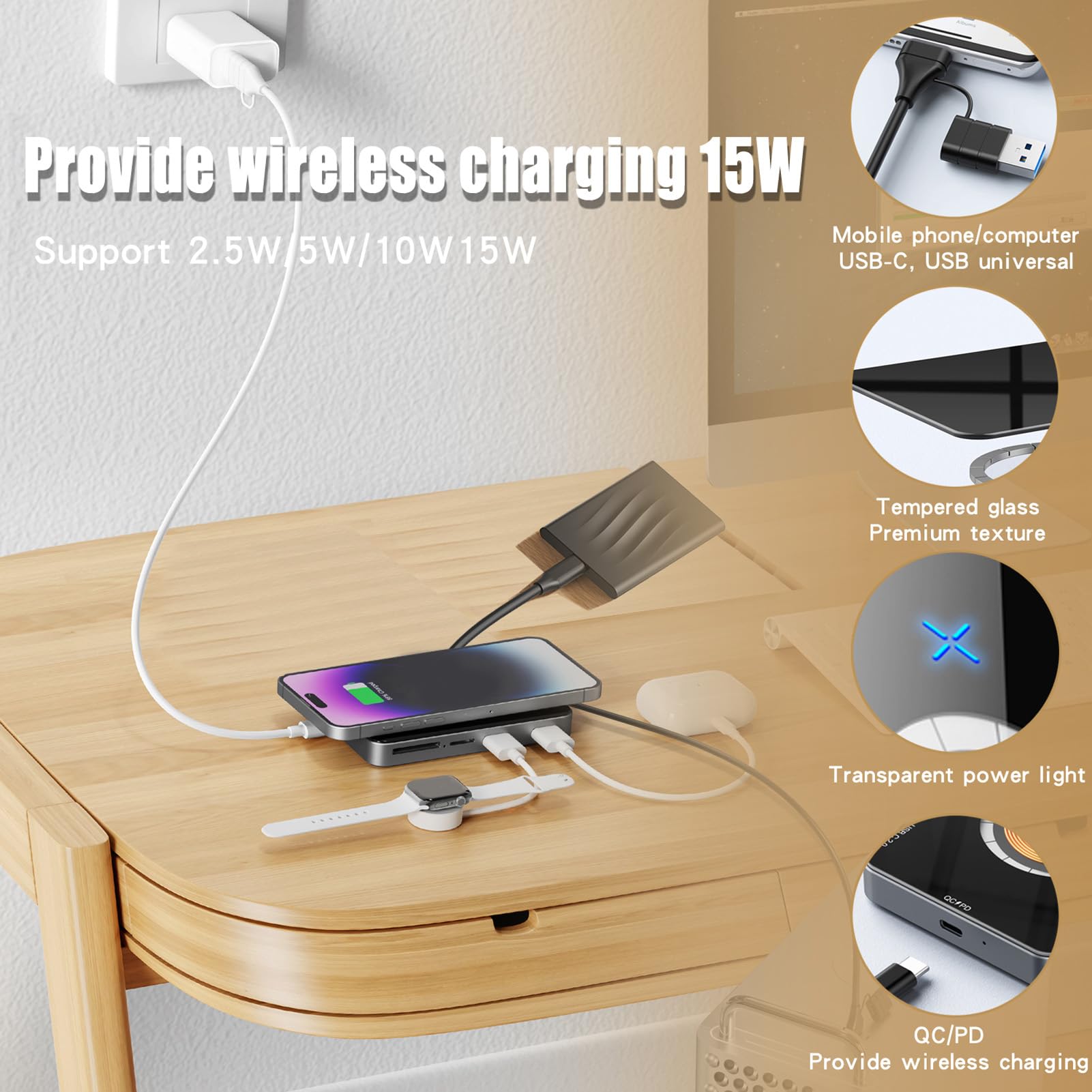 Goshyda 10 en 1 Hub USB con Cargador Inalámbrico Magnético