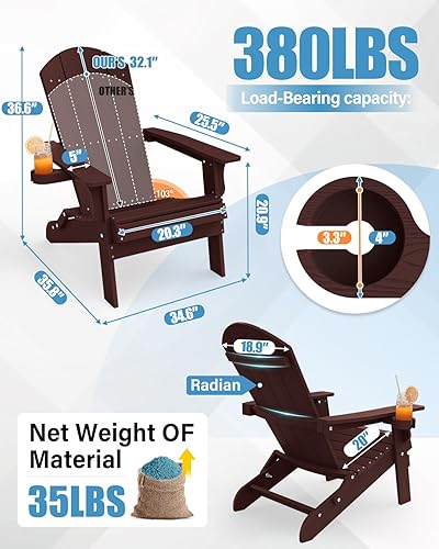Miniatura 3 de YEFU Adirondack - Juego de 2 sillas Adirondack plegables de plástico de gran tamaño con soporte para tazas, silla de césped resistente a la