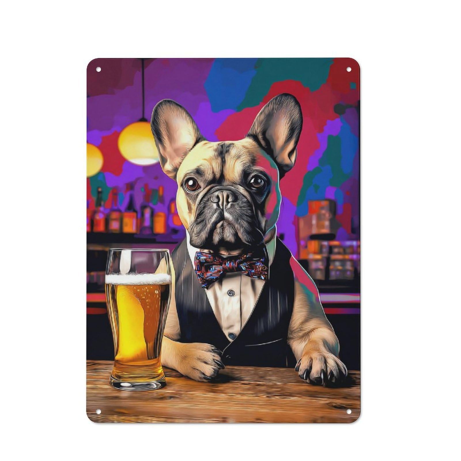 Junmoney French Bulldog In Tuxedo With Beer -1 Vintage Tin Sign 40X30cm With For Workshop Wall, For Makers And Diy Enthusiasts, For Retro Home Interiors