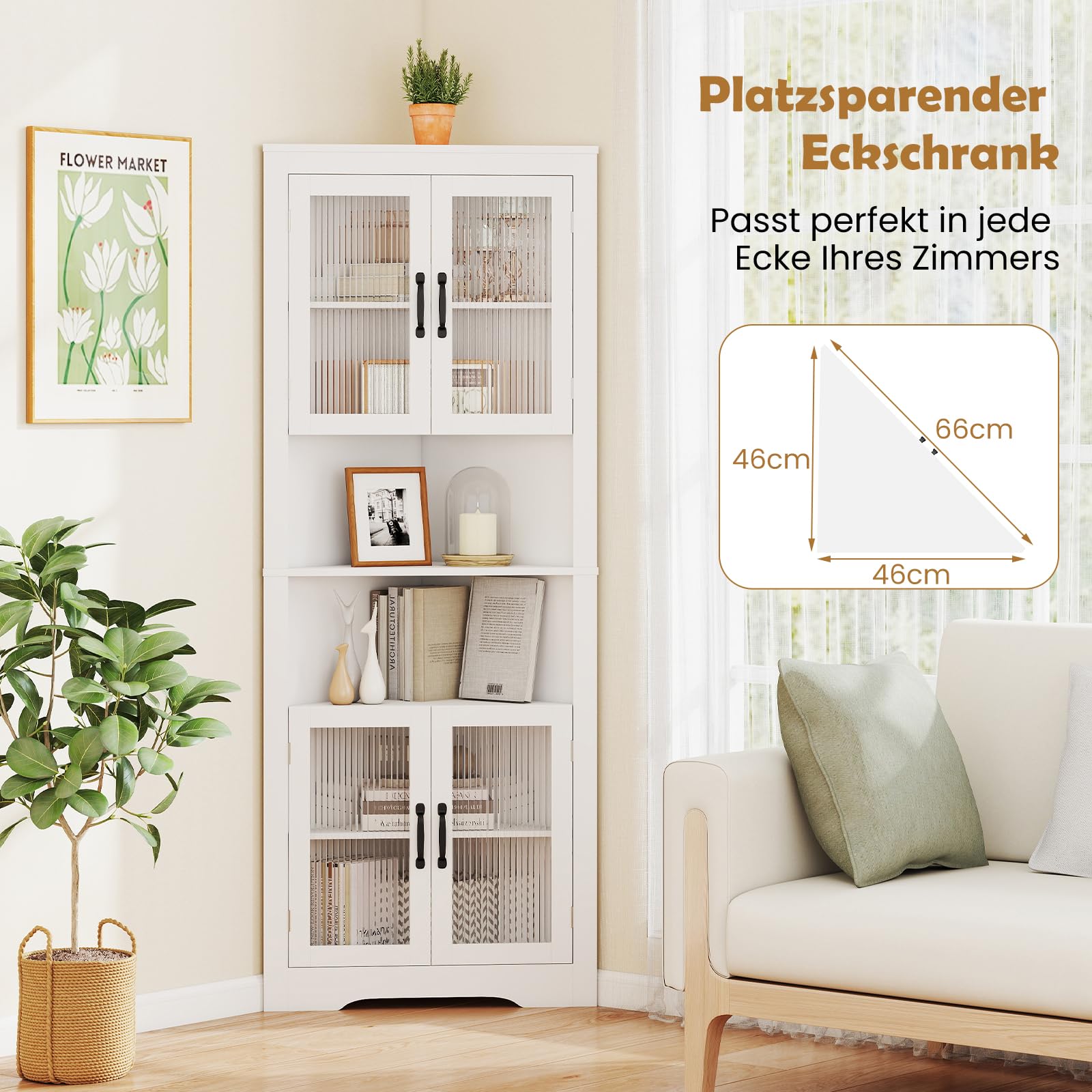 GOPLUS 6-stufiger Eckschrank, 171 cm hohe Badezimmerschrank schmal mit 4 Türen, dreieckiger Hochschrank mit verstellbaren Regale, Mehrzweckschrank, Eckvitrine für Badezimmer, Wohnzimmer, Flur & Küche