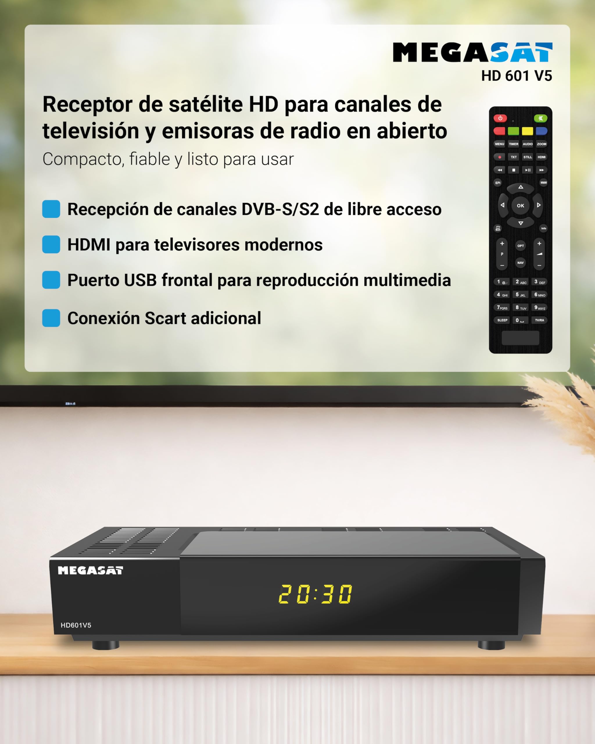 Megasat HD 601 V5 – Receptor satélite HD, HDMI, SCART – Negro | Para todos los canales en abierto, reproductor multimedia USB, pantalla
