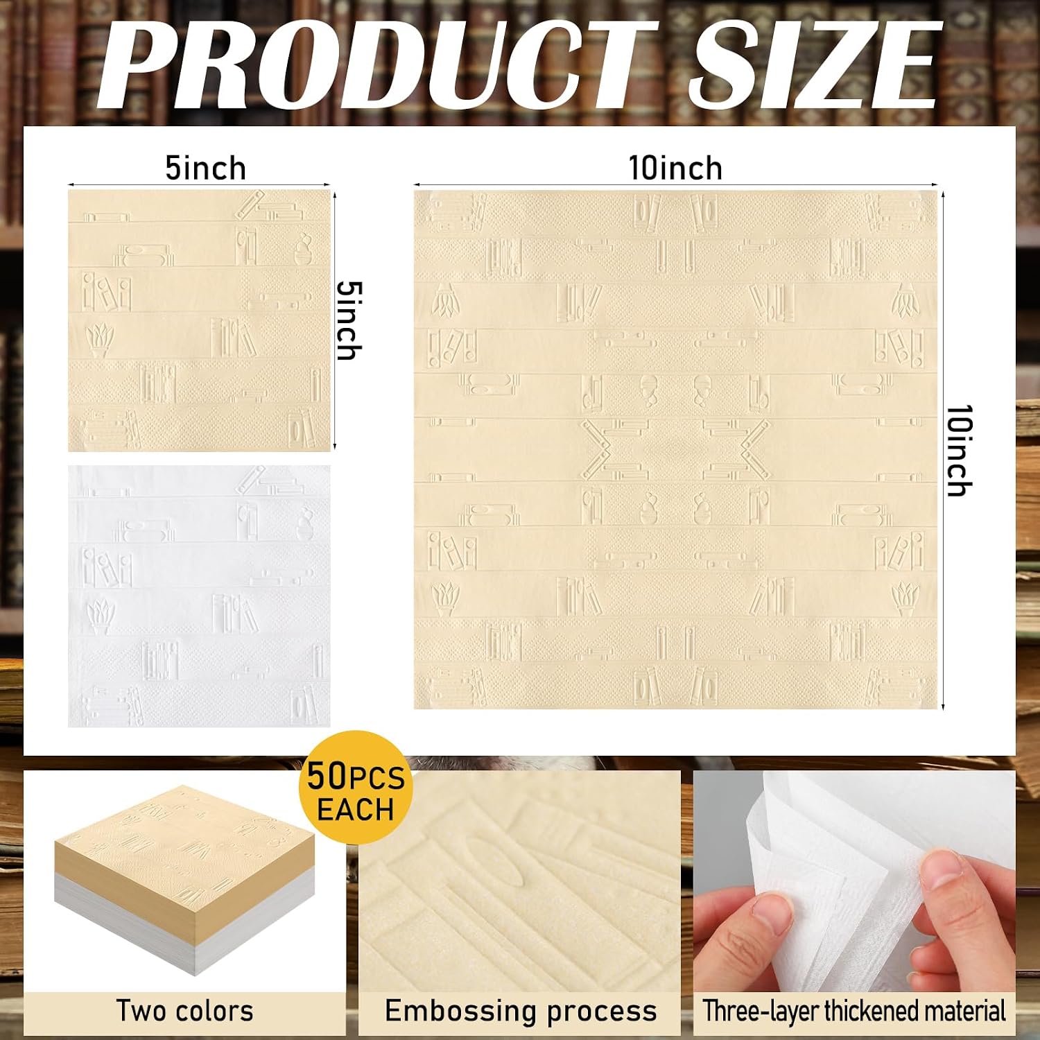 Crtiin 100 Pcs Book Theme Party Decor Book Club Beverage Napkins Funny Cocktail Napkins Bookshelf Embossed Disposable Paper for Library Club Themed Party Supplies(White and Brown)