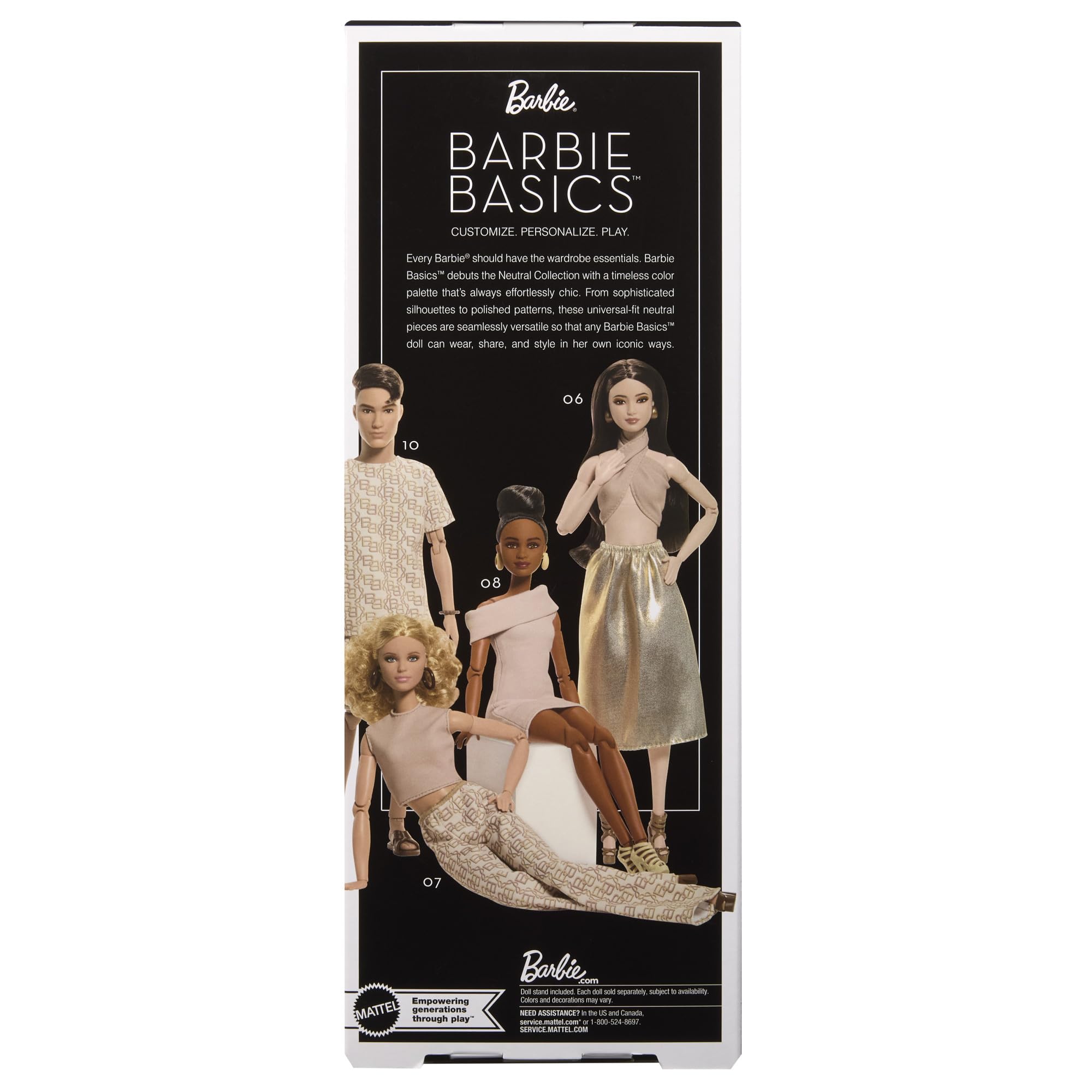 Barbie Basics Model kolekcjonerska lalka modowa 08 | Brunetka lalka modowa w jasnobrązowej sukience i sandałkach na paskach, wiek 6+, JJX27