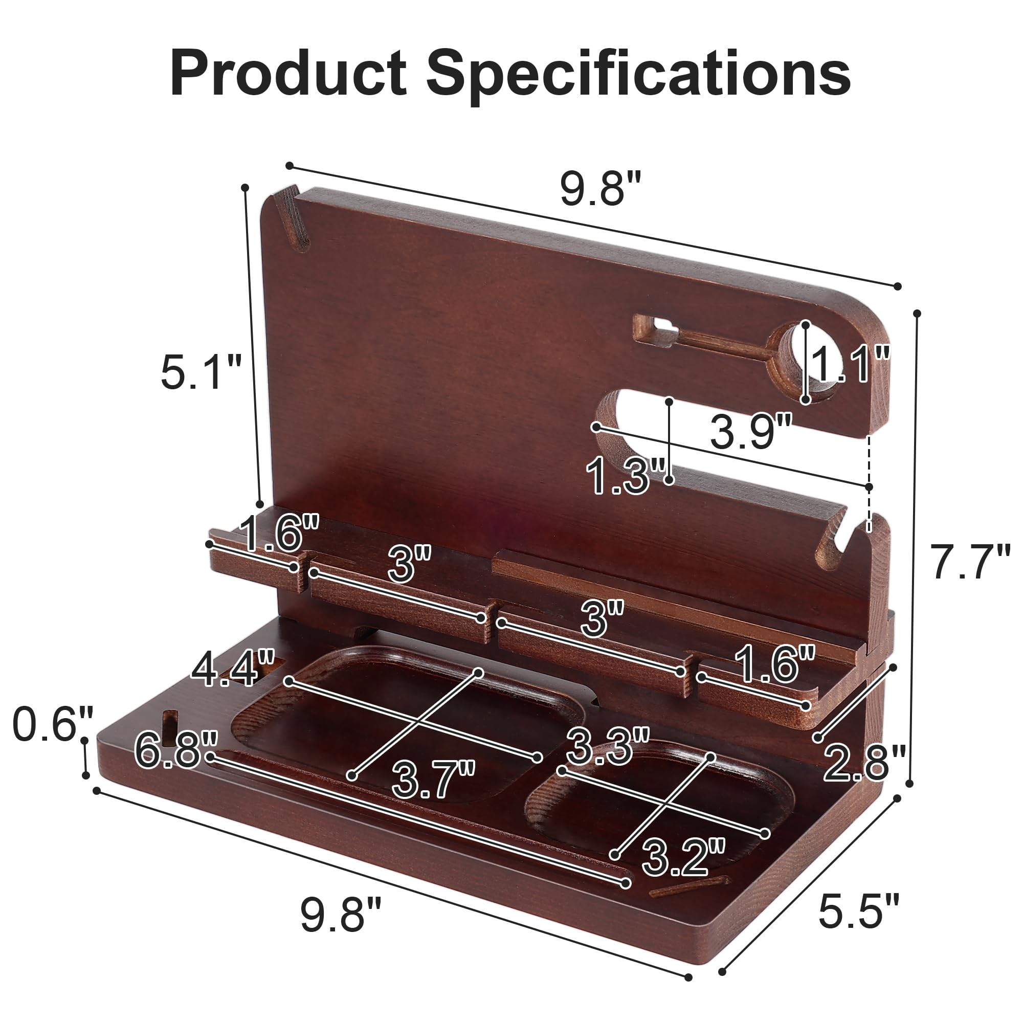 Oraich Station d'accueil de téléphone en bois pour homme, table de nuit et organisateur de bureau, support de charge pour téléphone, montre, portefeuille, clés et essentiels (version standard)