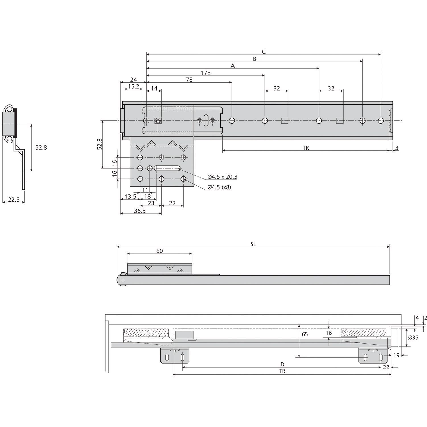 ACCURIDE 1319 Beschlägegrt., Länge 450 mm, Stahl hell chromatiert