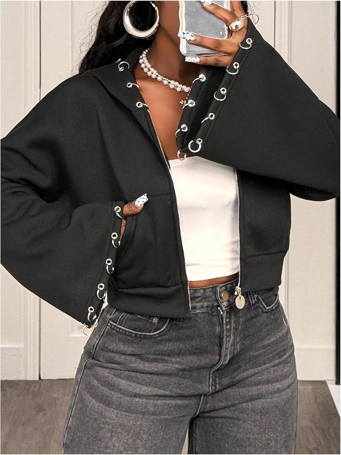 Milumia Women's Y2k Punk Zip Up Cropped Hoodies Grommet Bell Sleeve Sweatshirt Jackets Outerwear - Image 4