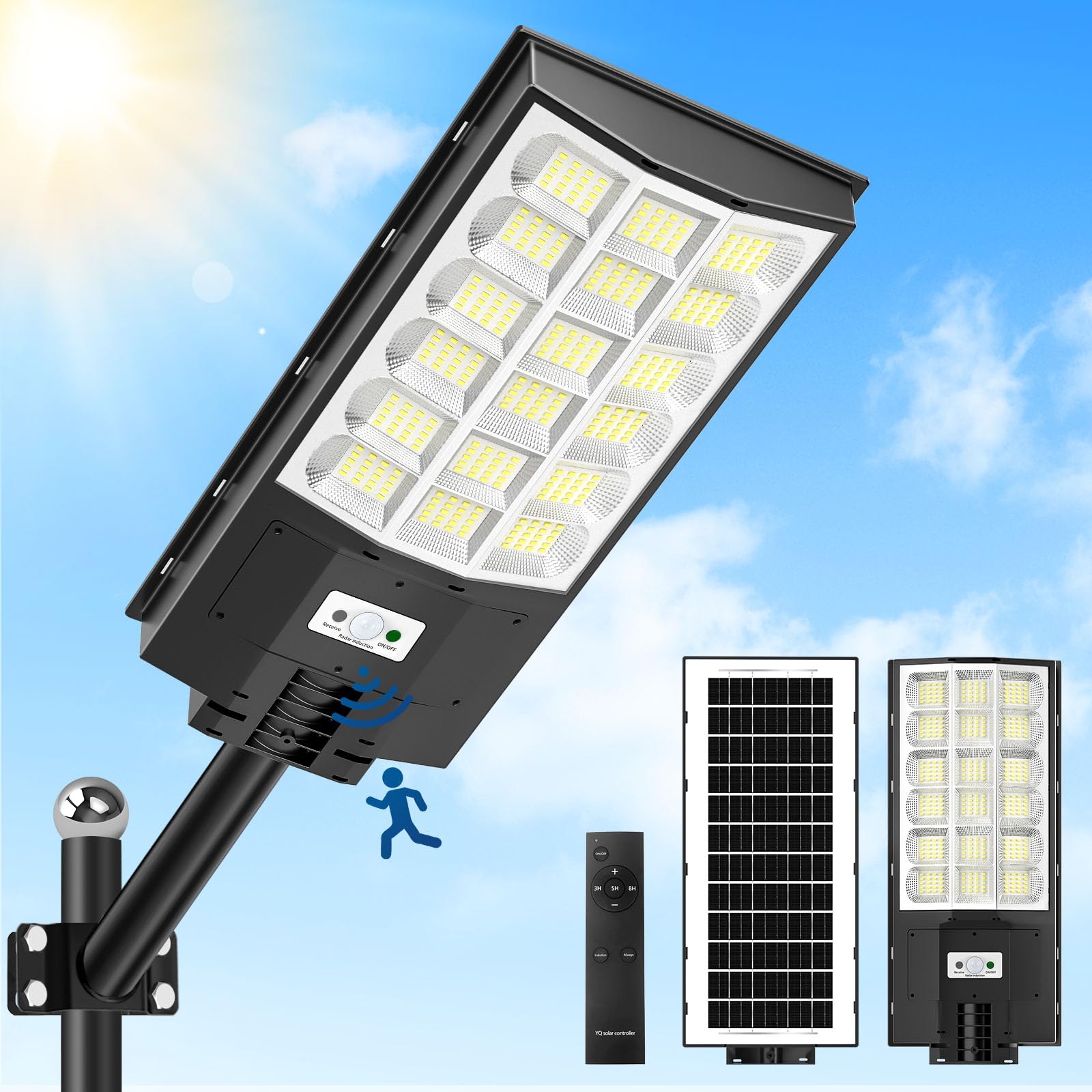 Bellany 600W Solar Straßenlaterne Solarlampen für Außen, 6500K Kaltweiß LED Strahler mit Bewegungsmelder,IP65 Wasserdichte Wandleuchte Bewegungssensor Solarleuchte für Graten Hof Garage Parkplatz Wege