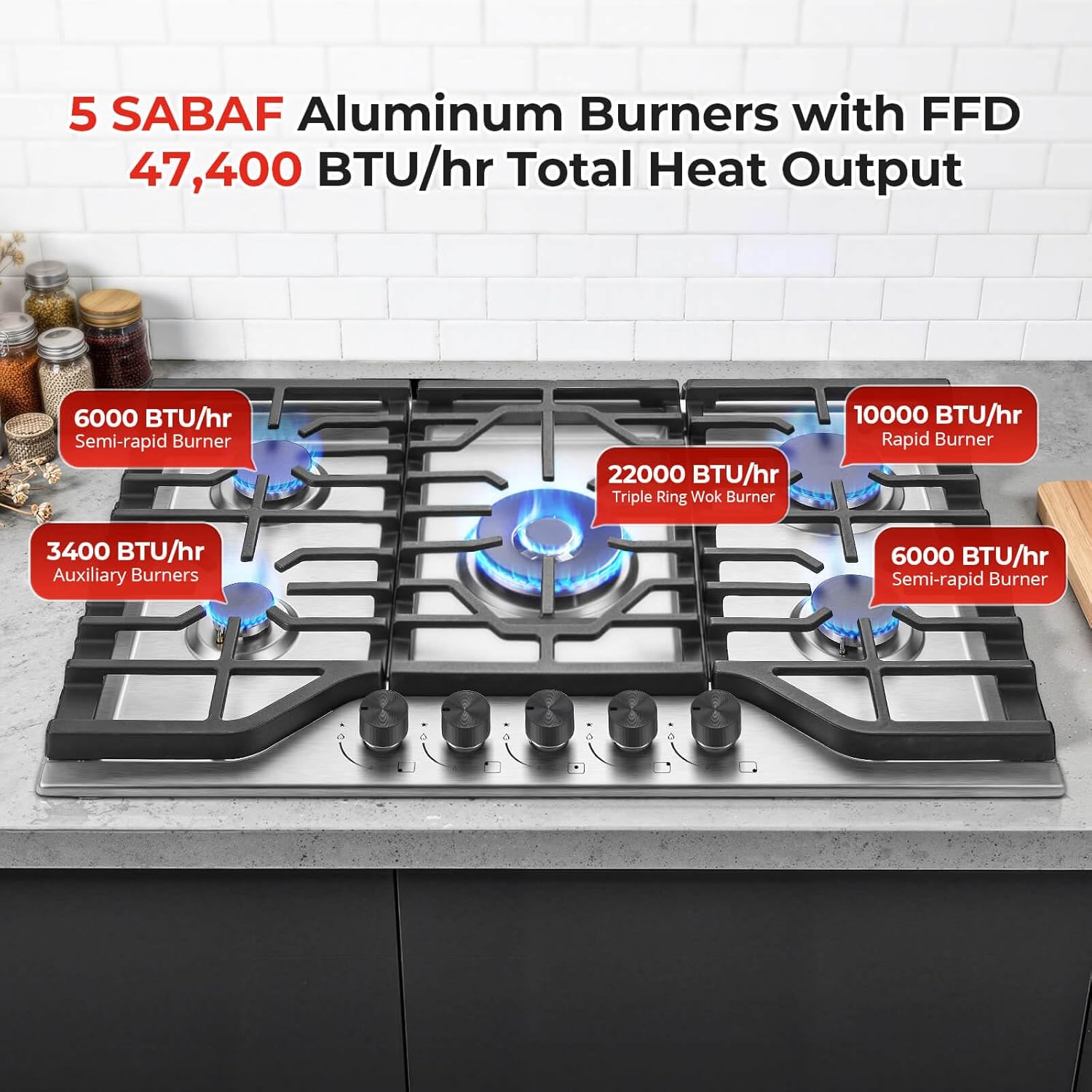 SNDOAS 30 Inch Gas Cooktop, 5 SABAF Burners 47400 BTU Built-in Gas Stove Top with 22000 BTU Triple Ring Wok Burner, Cast Iron Griddle, Stainless Steel Top, NG/LPG Convertible, Knob Control