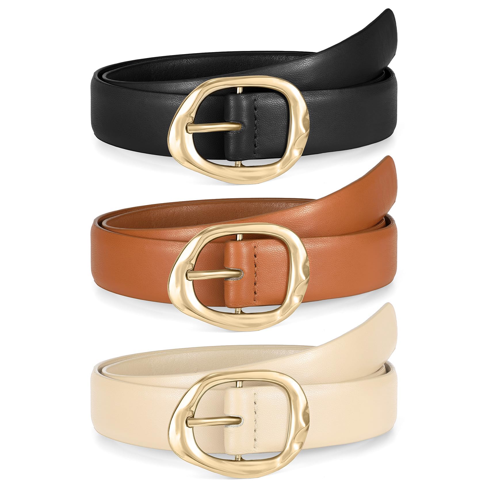 3 Pack Women Belts for Jeans Pants Dresses Ladies Leather Belt Fashion Waist Belt with Liquid Shapes Gold
