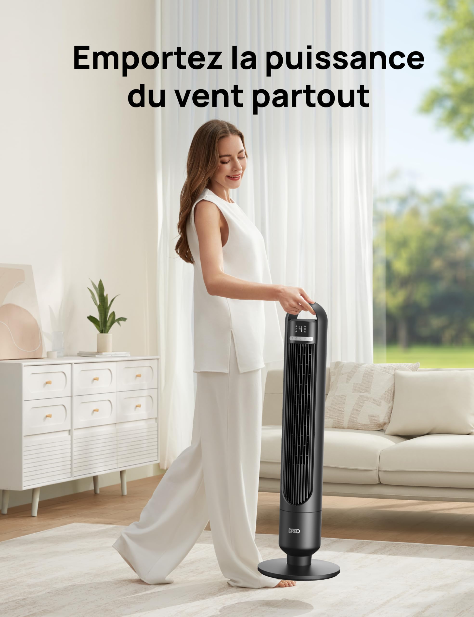 DREO Ventilateur Colonne Silencieux 28 dB pour Chambre, Couverture Max 9 m, Ventilateur Debout sans Lame, 7,6 m/s, Oscillation 90°, 4 Vitesses, 3 Modes, Minuteur 8H, Affichage LED, Noir.