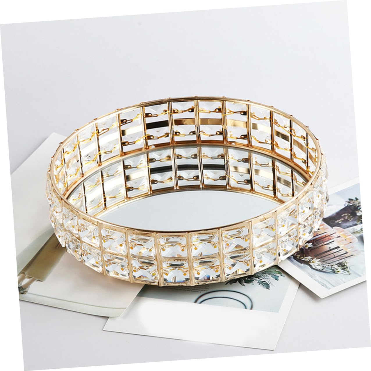 Homoyoyo Bandeja Redonda de Espejo para Joyas, Organizador de Bisutería en Hierro Dorado, 25cm, Adecuado para Tocador y Decoración del Hogar