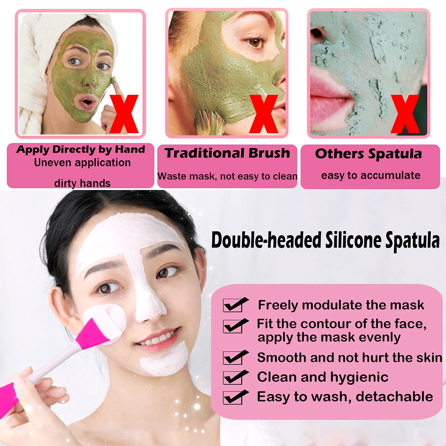 RamPula Makeup Silicone Facial Mask Applicator Brush Face Mud Cream,Clay Mask,DIY,Modeling Mask Brushes DIY Mud Mixing Spatula Double-end Handheld Scoop Skin Care Make up Foundation Gel Cosmetic Tool - Image 3