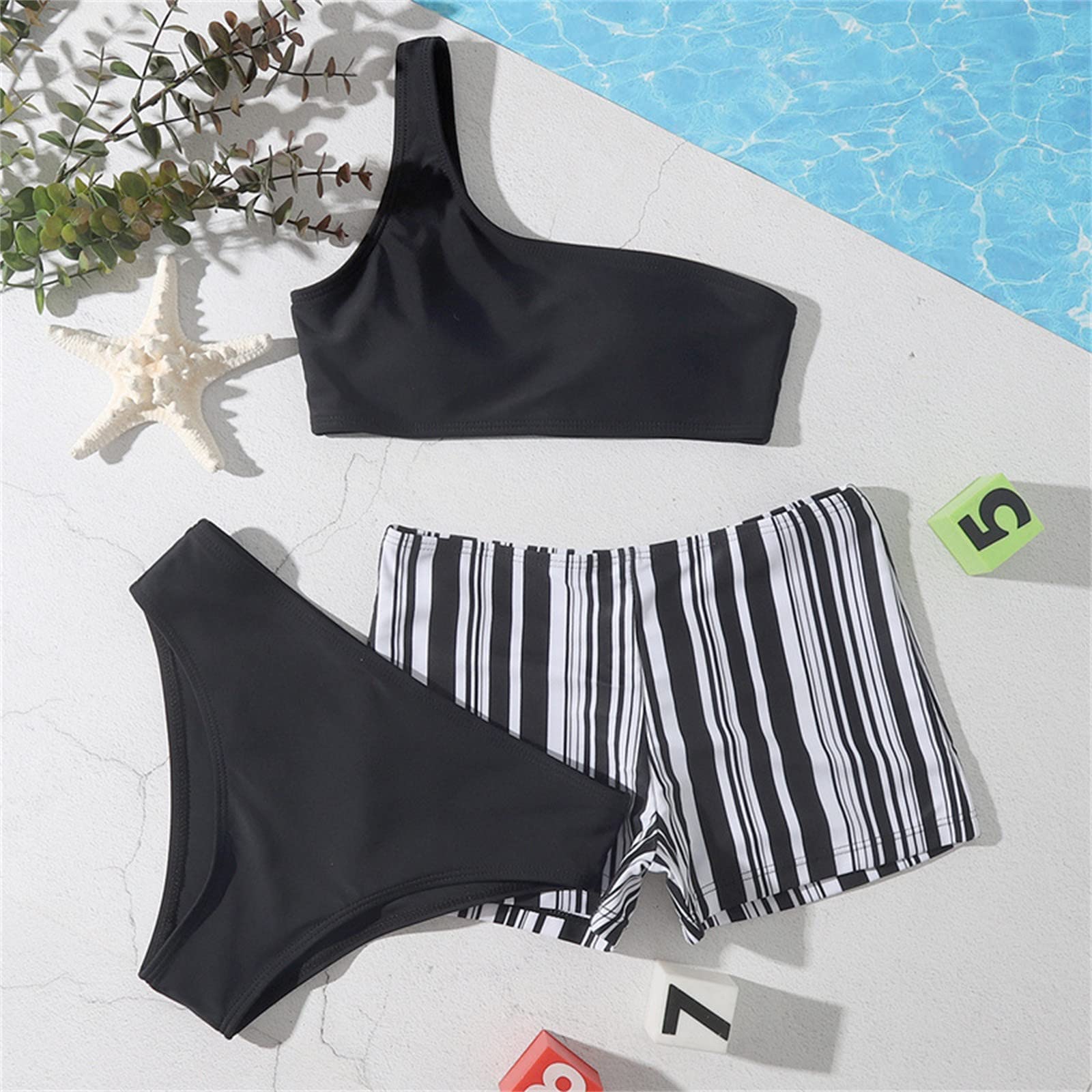 Traje de natación para niñas y niñas, para primavera, verano, estampado, sin mangas, para vacaciones, playa, 3 piezas, ropa de bikini