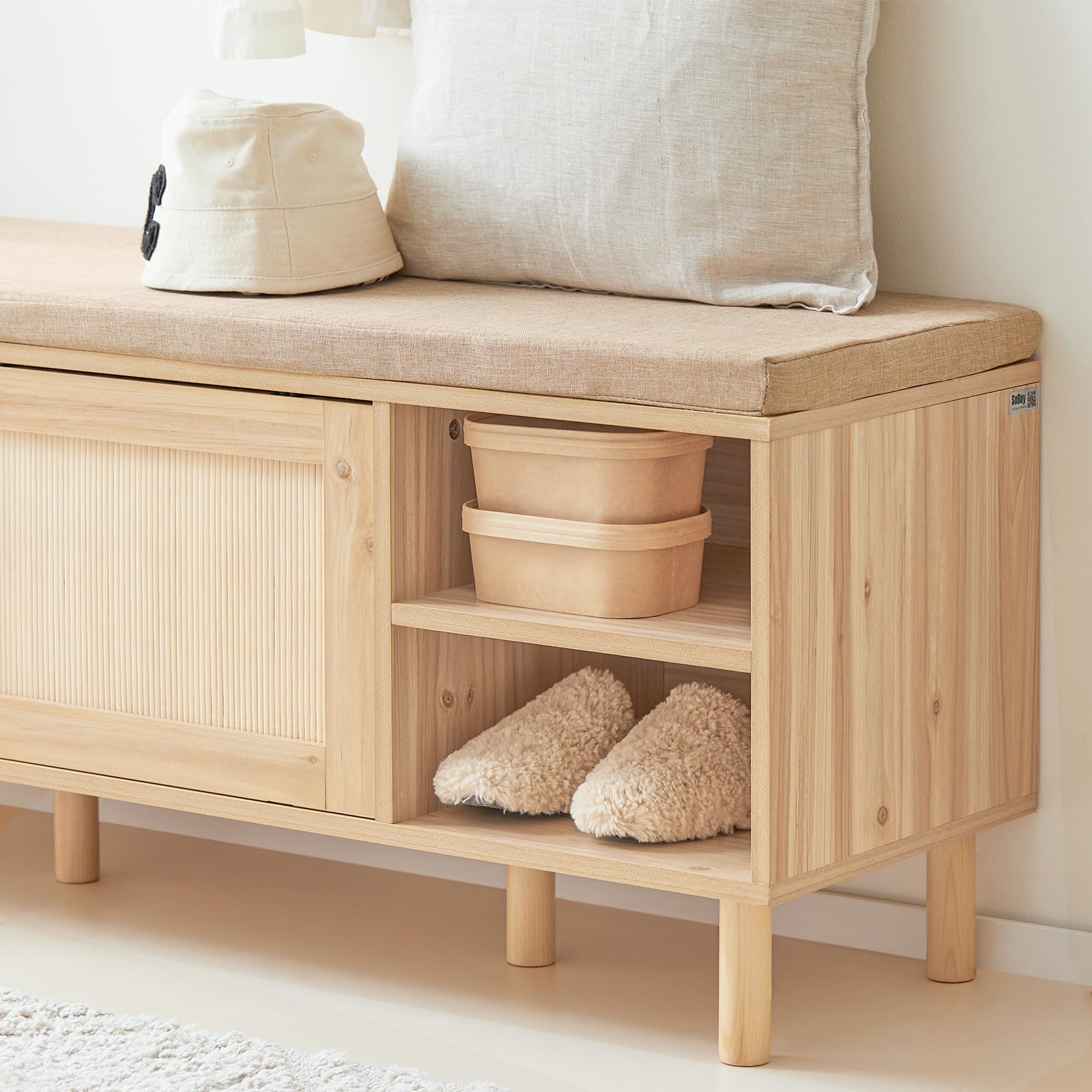 SoBuy Banco Zapatero con Asiento y Almacenaje - Banco Entrada Recibidor con 2 Puertas de Ratán + 2 Estantes Abiertos - Estilo Rústico para Recibidores Dormitorios y Pasillos - 121x35x49cm FSR163-N