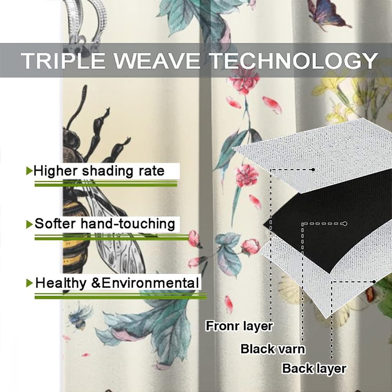 Vintage Bees Blackout Window Curtain, Garden Queen Wild Flower Nature Floral Room Darkening Rod Pocket Windows Treatments for Kitchen Dining Room Living Room 42x45in