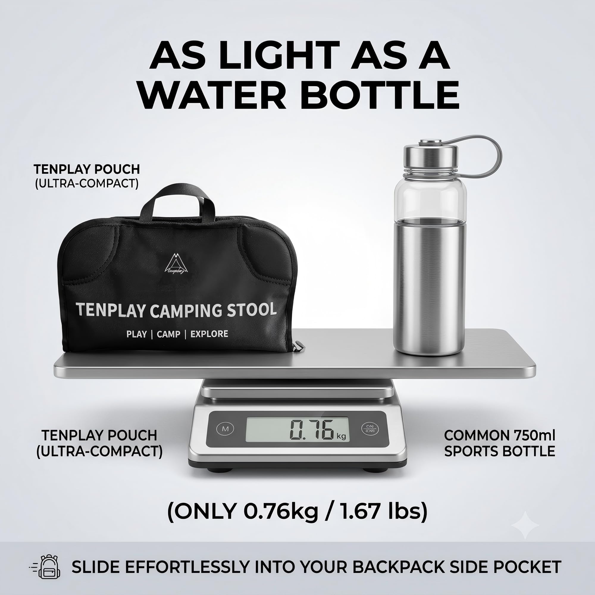 TENPLAY - Taburete de camping ultraligero de 0,76 kg, resistente, capacidad de 150 kg, taburete plegable con bolsa de transporte, tela Oxford 600D y aluminio, reposapiés antideslizante para exteriores