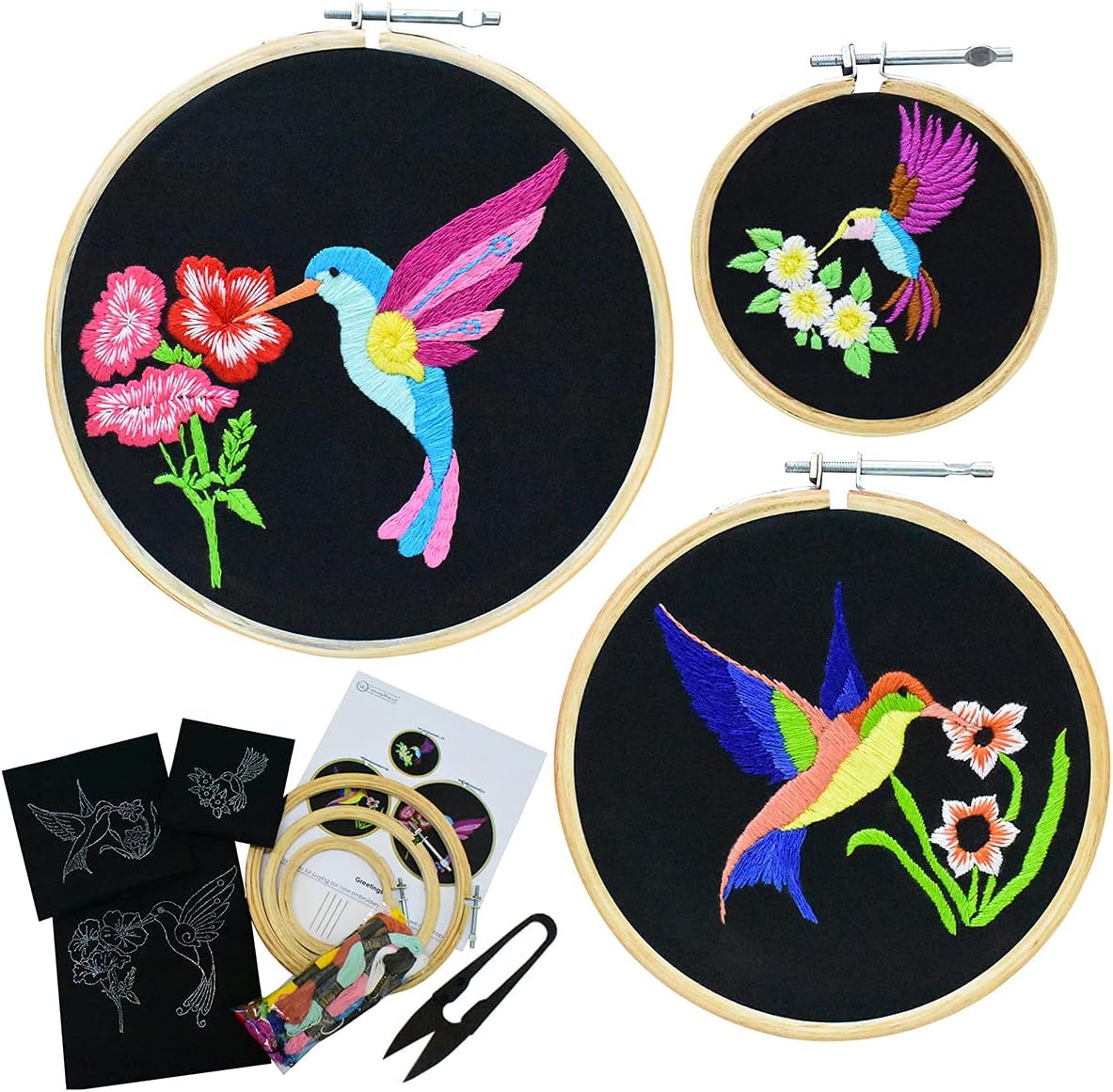 Embroiderymaterial Women’s Beginners Embroidery Kits 3 Different Size of Wooden Frames 3 Different Humming Birds Design All Materials Included with Printed Embroidery Tutorial Pages-Multicolor