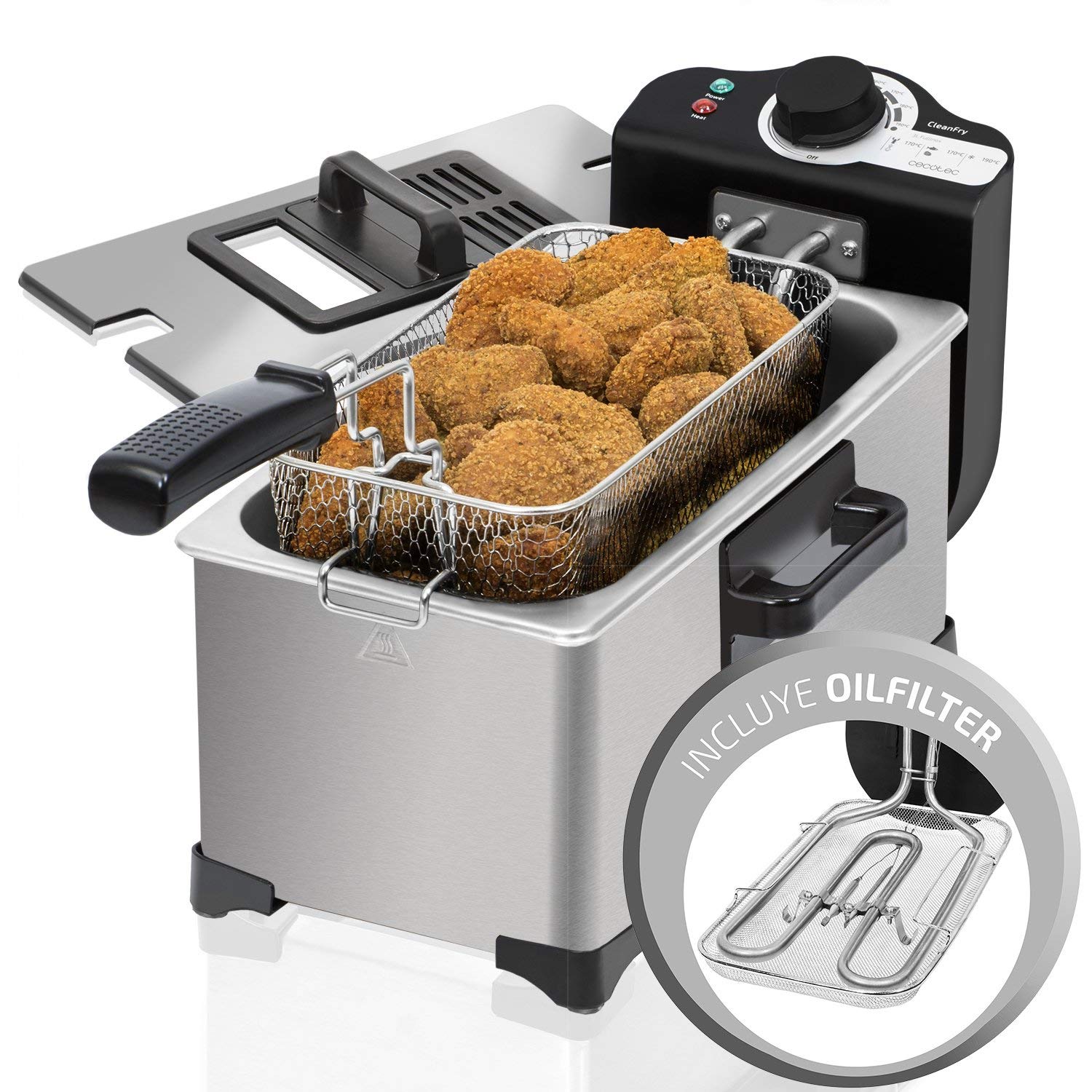 Cecotec Freidora Eléctrica CleanFry 3L Full Inox. 2000 W, Capacidad 3 l, Temperatura hasta 190ºC, Cubeta Esmaltada Apta para Lavavajillas, Filtro que mantiene el Aceite Limpio, Full Inox