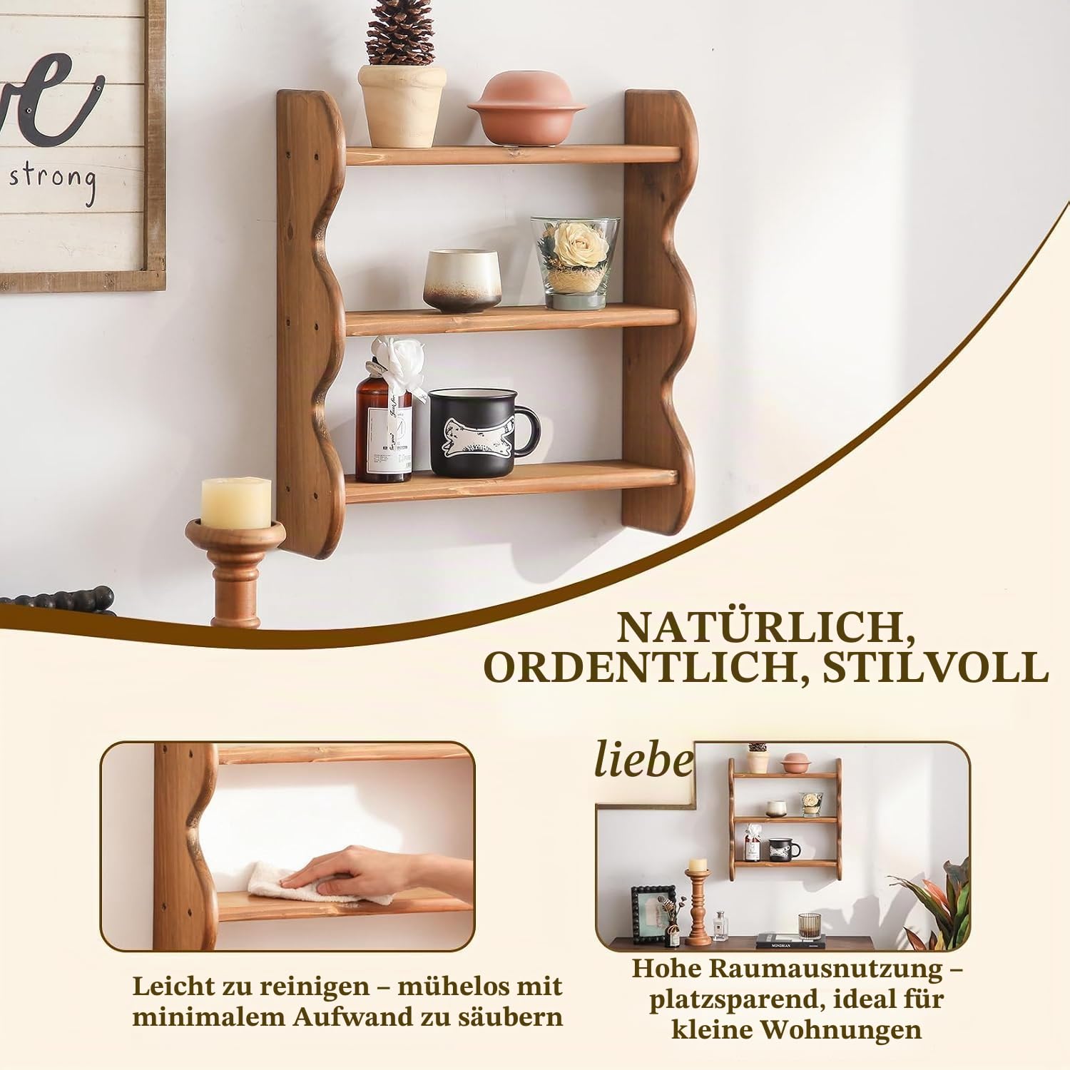 3-stöckiges Massivholz Wandregal, Rustikale wandregal Holz