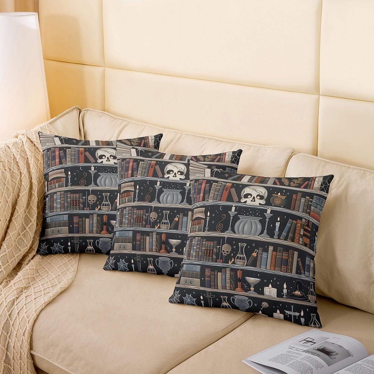 jejeloiu Magic Bookshelf Decorative Throw Pillowcases 24"x24" Set of 2 Soft Vintage Library Throw Pillow Covers Book Skull Pillow Cases Cushion Covers Cushion Cases
