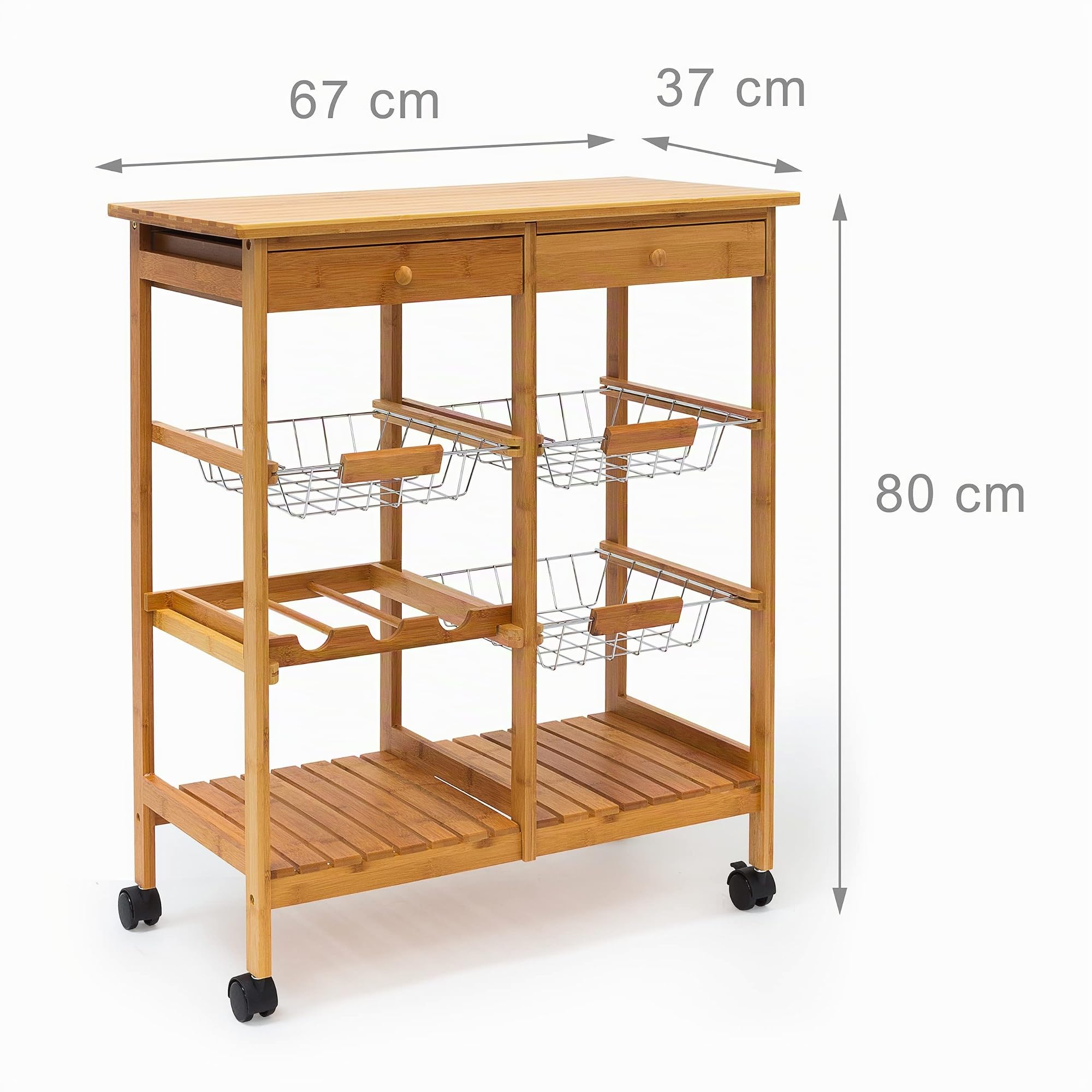 Relaxdays 10019161 Desserte de cuisine JAMES XXL meuble d'appoint îlot chariot de cuisine à roulettes en bambou paniers amovibles HxlxP : 80 x 67 x 37 cm, nature