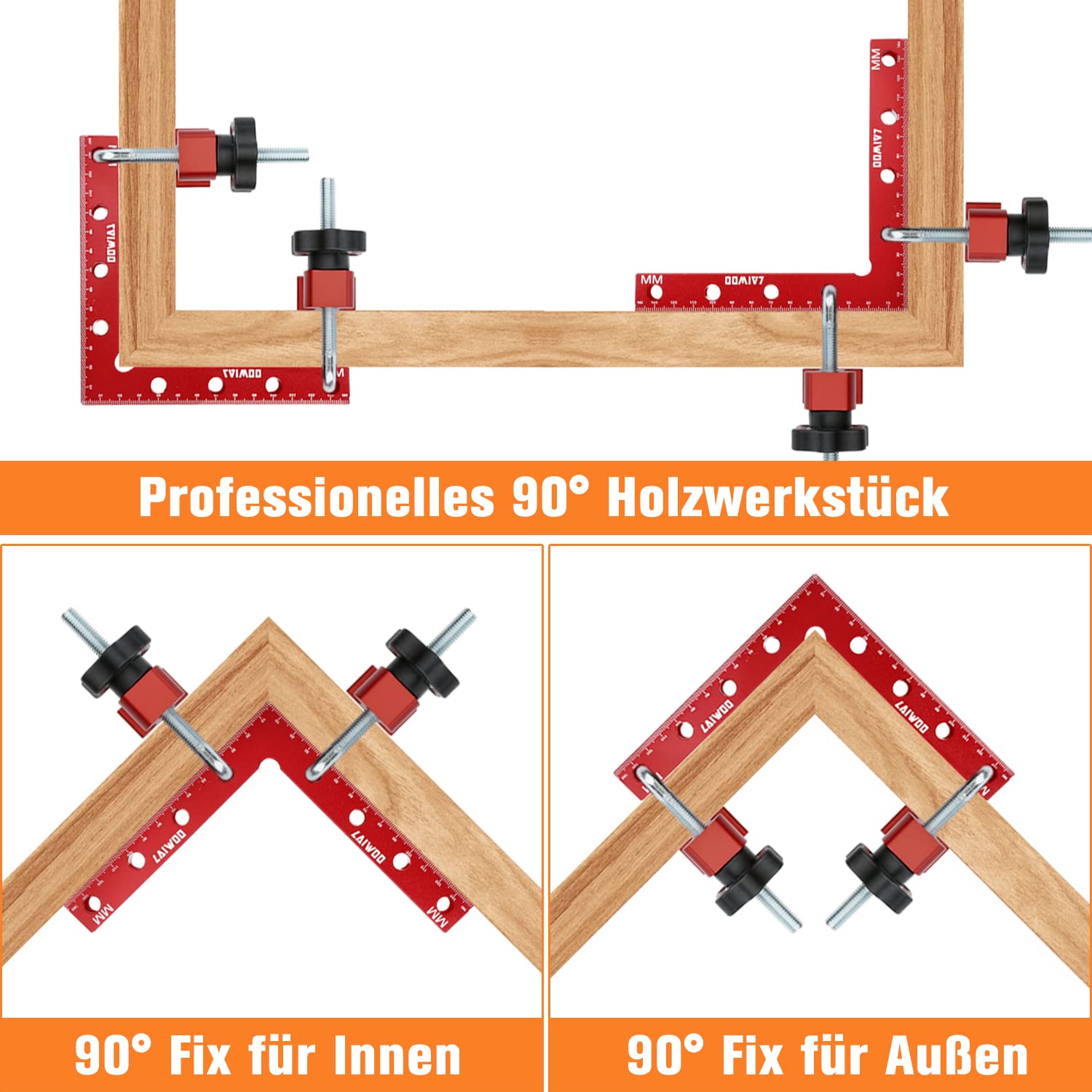 LAIWOO 90 Grad Winkel Klemme Positionierwinkel 140mm/5,5 Zoll, 4 Paare Befestigungsclips, Messwinkel Rechtwinklige Klemme für Zimmermannswerkzeug, Winkelspanner für Bilderrahmen Regalschränke (Rot)