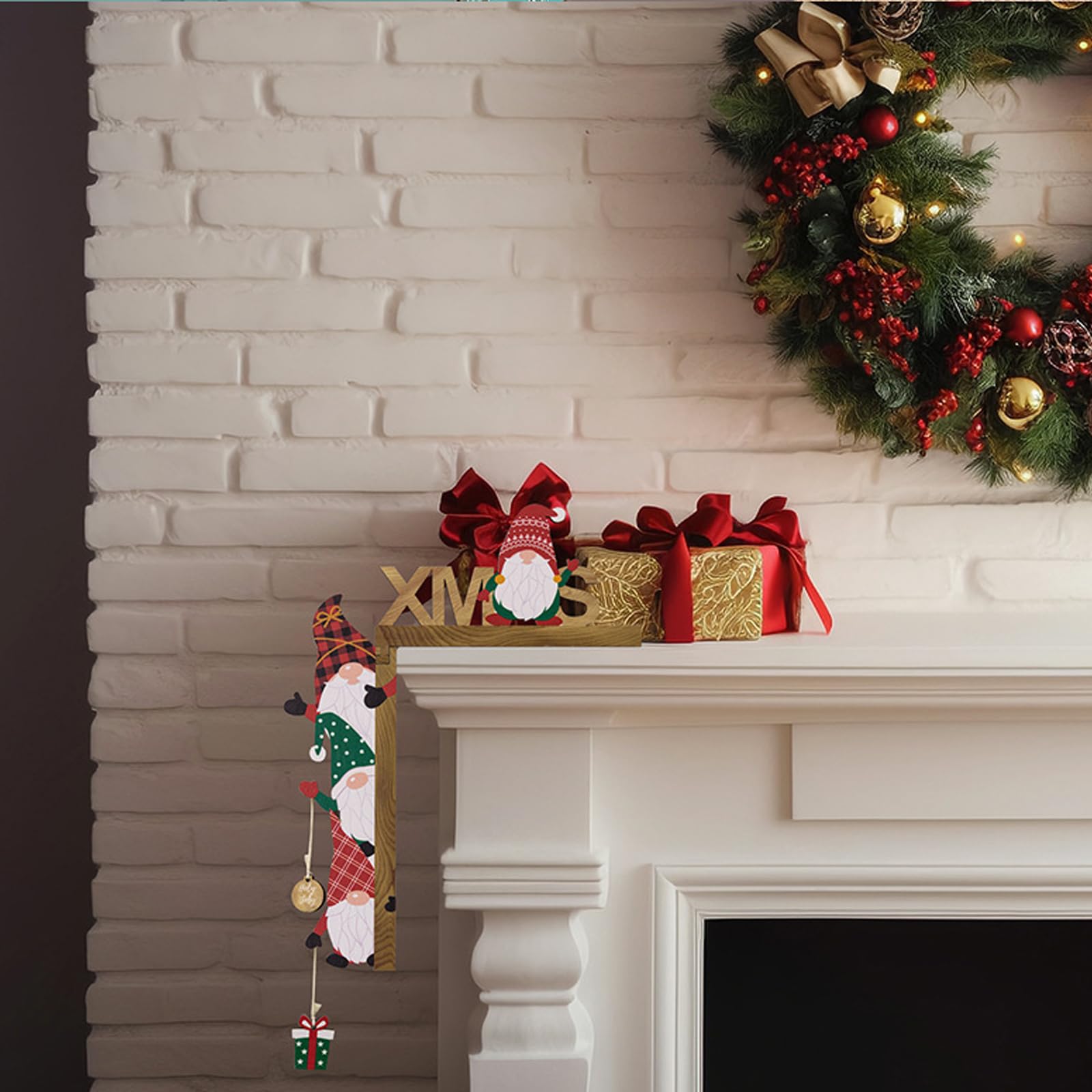 Décoration Cadre Porte Noël - Figurine Nain Bois, Autocollants Ronds Inclus, Pour Porte/fenêtre/mur, Ambiance Festive - 3