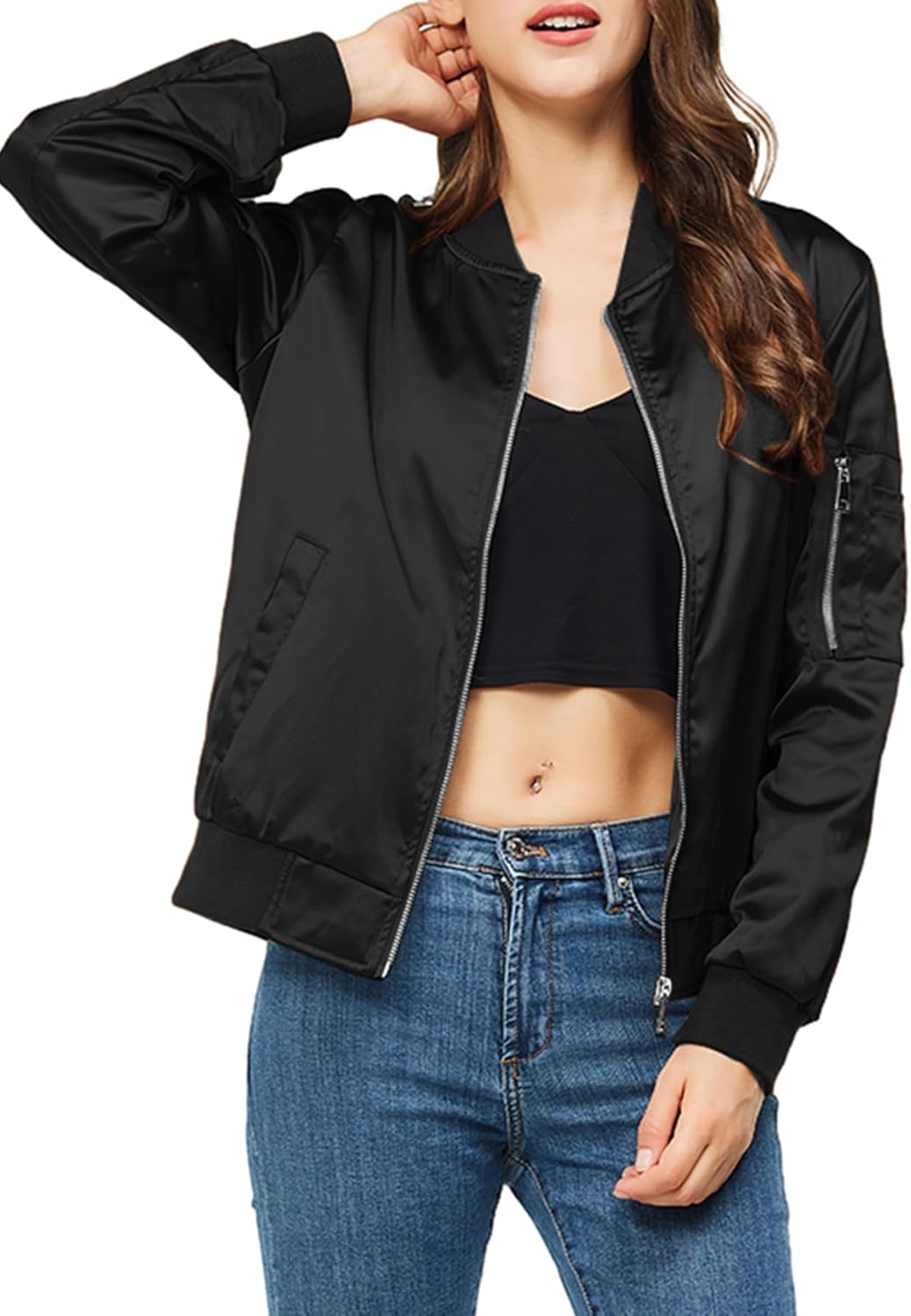 Satin Bomber Jacket Women Casual Fall Varsity Jackets Zip Up Outerwear Windbreaker with Pockets - Image 6