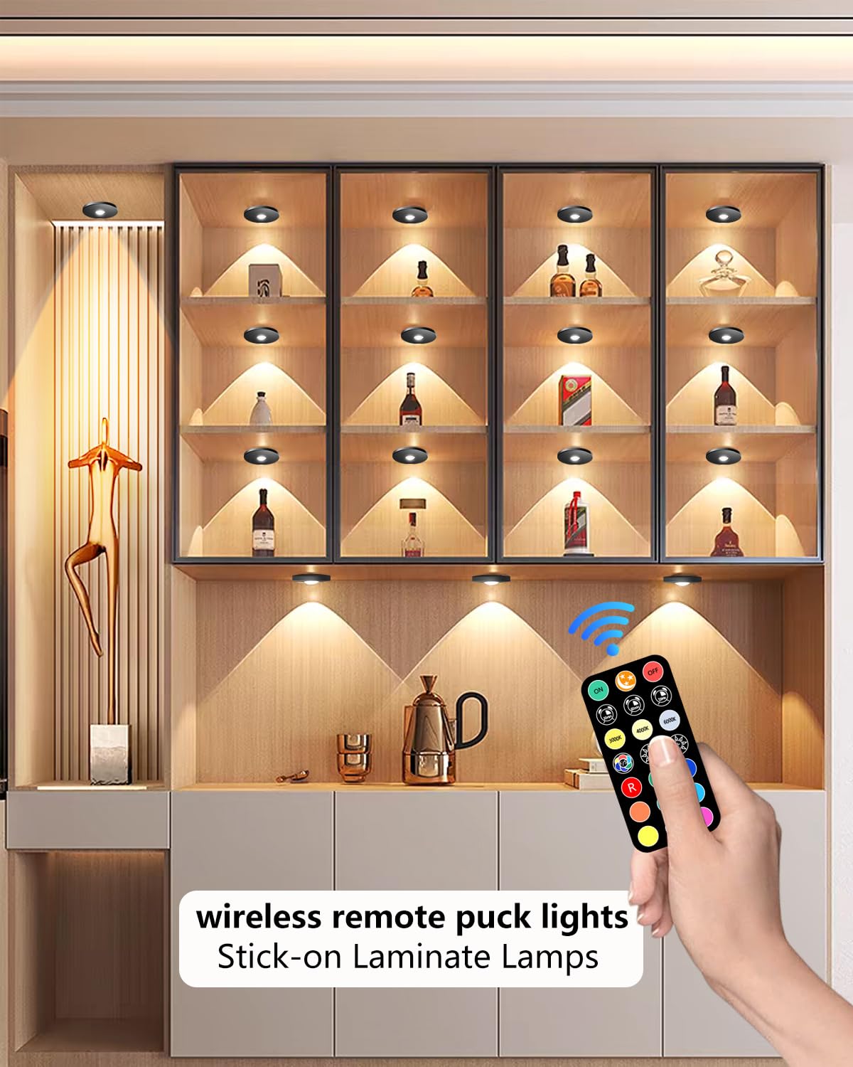 Luce a disco con telecomando, alimentata a batteria ricaricabile da 2000 mAh, autoadesiva, luce per mensole, illuminazione wireless per armadietto, colore nero, 3 pezzi