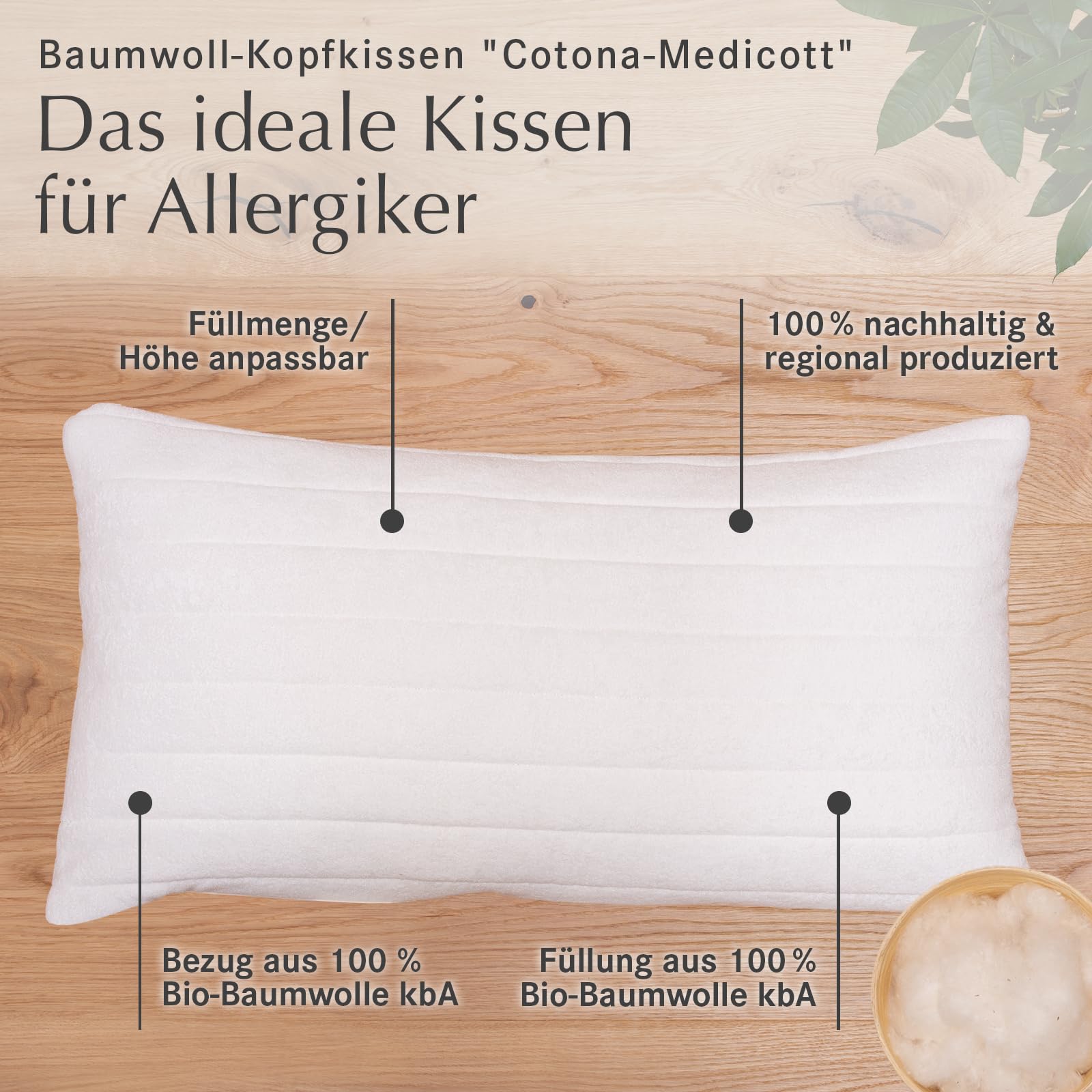 allnatura Baumwoll-Kopfkissen Cotona-Medicott 40x80 cm Testsieger - 100% Bio-Baumwolle ideal für Allergiker - Seiten- und Rückenschläfer - Höhe anpassbar & Bezug maschinenwaschbar - Made in Germany
