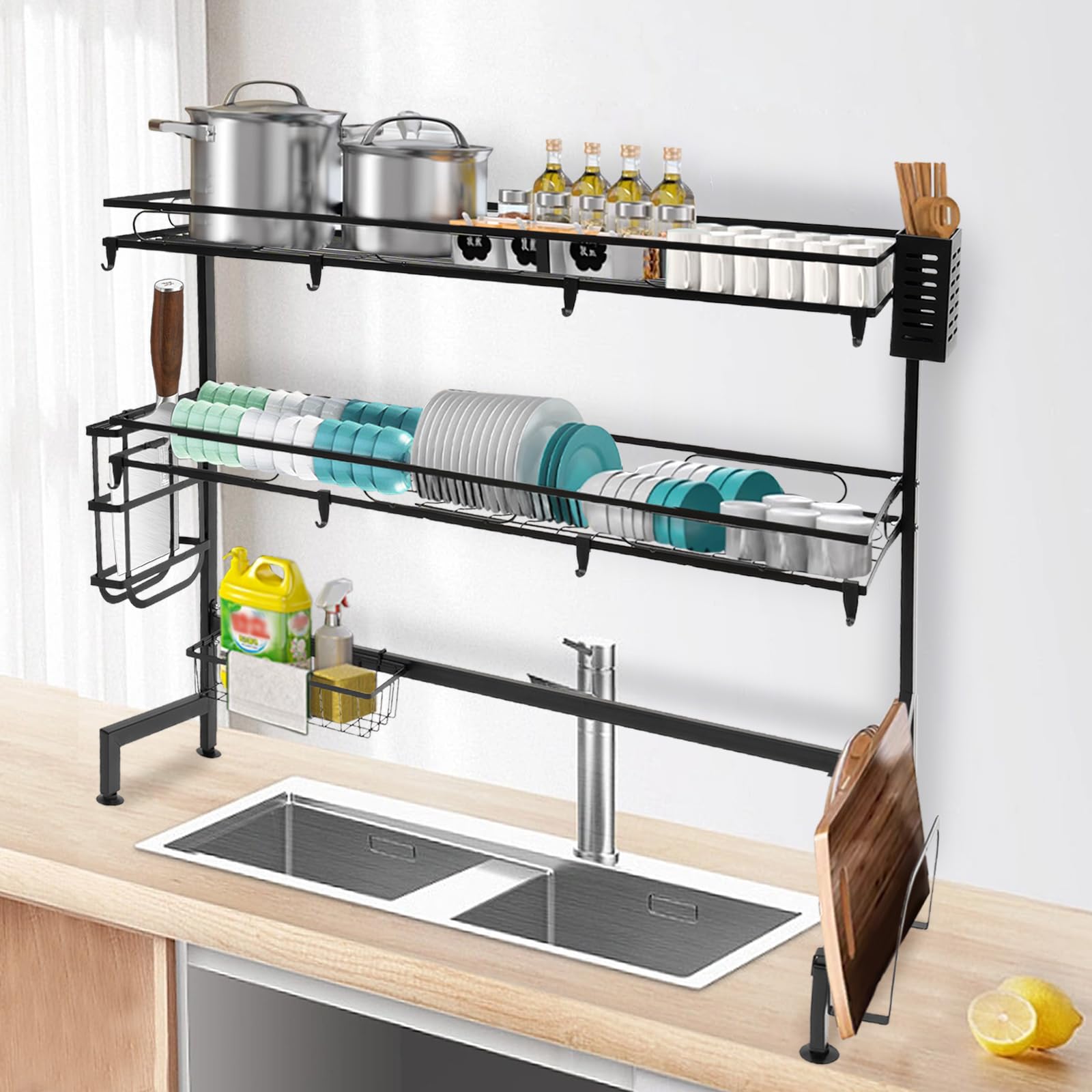 Escurreplatos para platos, escurreplatos sobre fregadero, 2 niveles, acero inoxidable, bandeja de goteo con soporte para utensilios, soporte para tabla de cortar, bloque de cuchillos, 82 cm