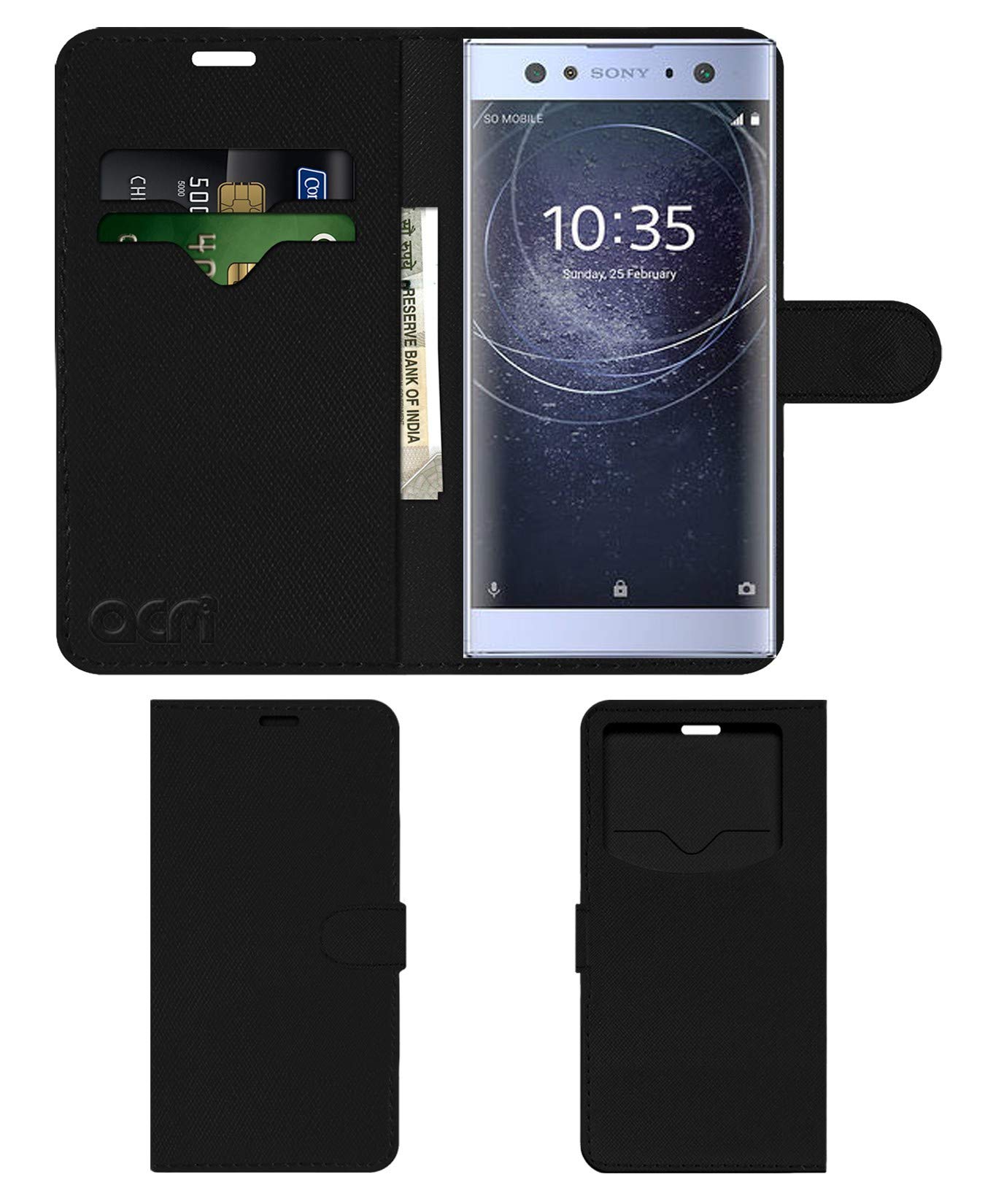 ACM Leather Window Flip Wallet Front & Back Case Compatible with Sony Xperia Xa2 Ultra Mobile Cover Black