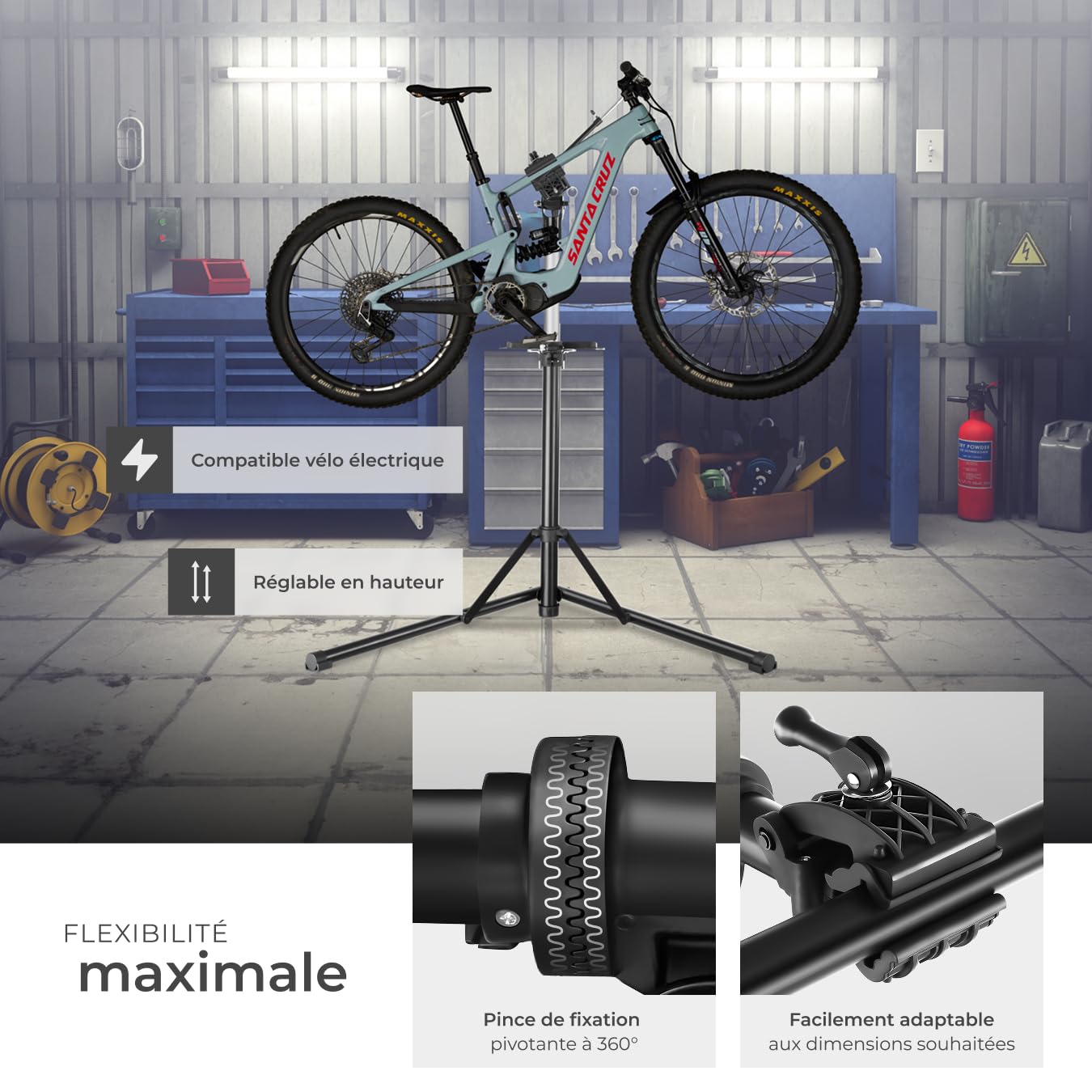 tectake® Support Velo Pieds d'atelier Charge 50 kg Support Vélo, Montage Entretien Reparation VTT Vélo electrique Velo de course Réglable Pliable - 108x81x106-169 cm