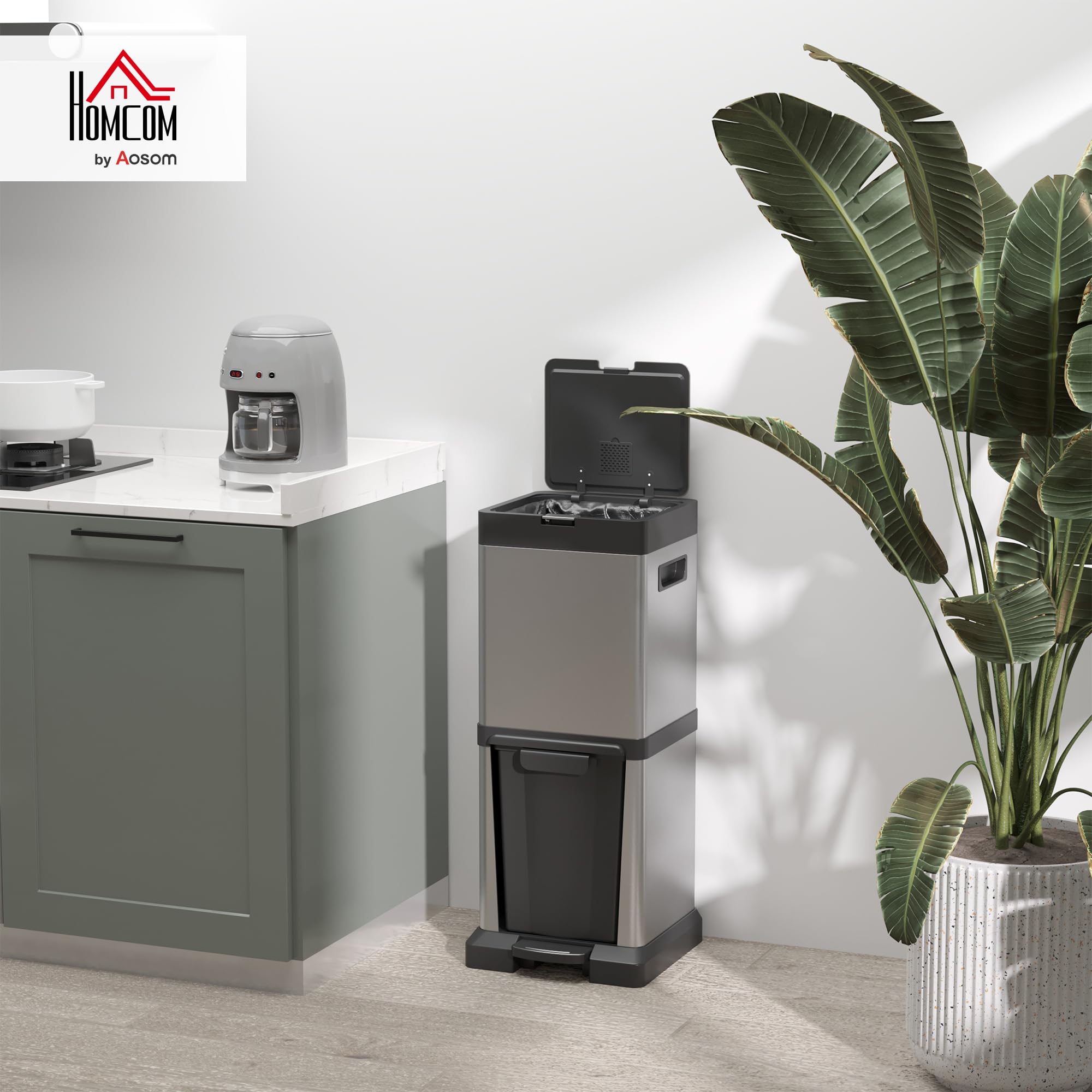 HOMCOM Mülleimer 20+14L 2 Fächer Deckel Fußpedal Silber 32,5x31,5x78 cm | Abfalleimer, Kippfach, Herausnehmbare Inneneimer, Soft-Close-Funktion, Edelstahl, Wohnzimmer Büro