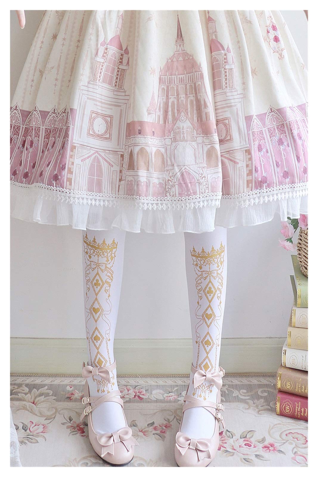 Frühling und Sommer Japanische Lolita Socken Strumpfhosen Basis Weiß Schwarz Vergoldung Seide Gold Mädchen Warm (Color : White Bird Cage)