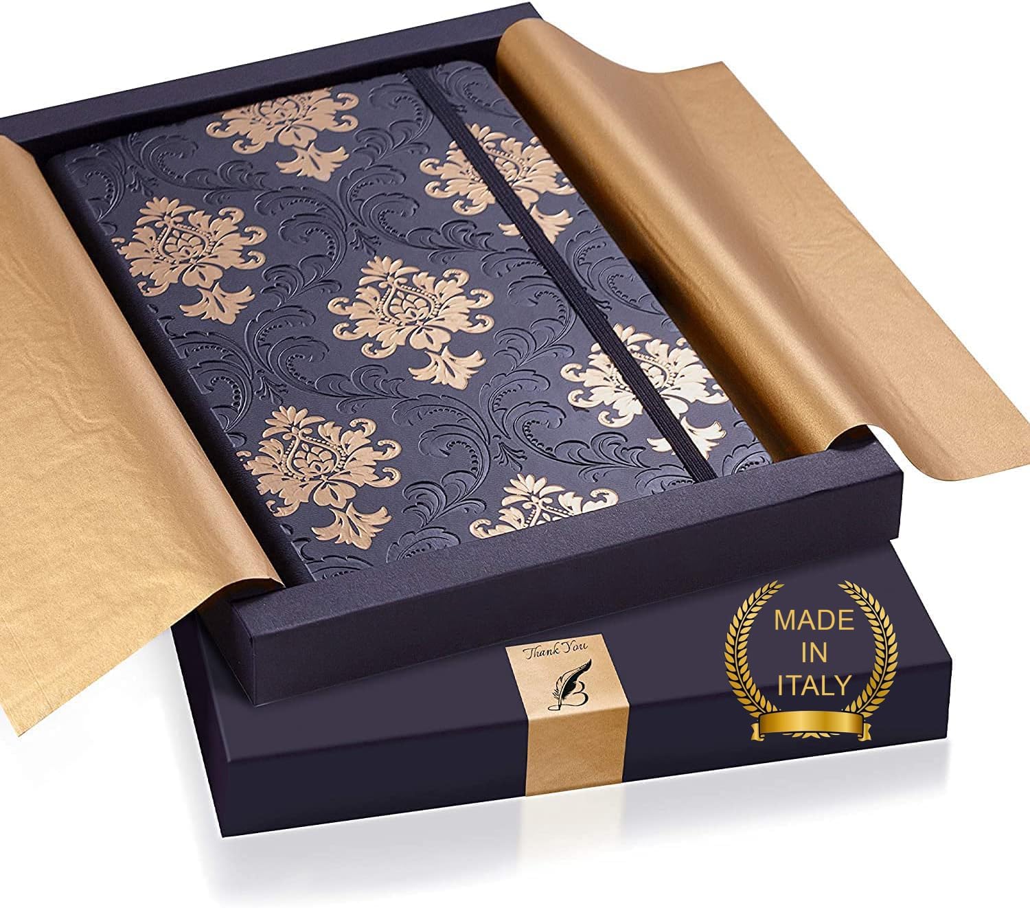 Exclusive Writing Journal for Women and Men - Handmade in Italy with Ivory Paper - Travel Diary Notebook for Daily Notes, Dreams or Planning - Perfect for a Traveler, Writer, Musician(ROSE) (BAROQUE GOLD)