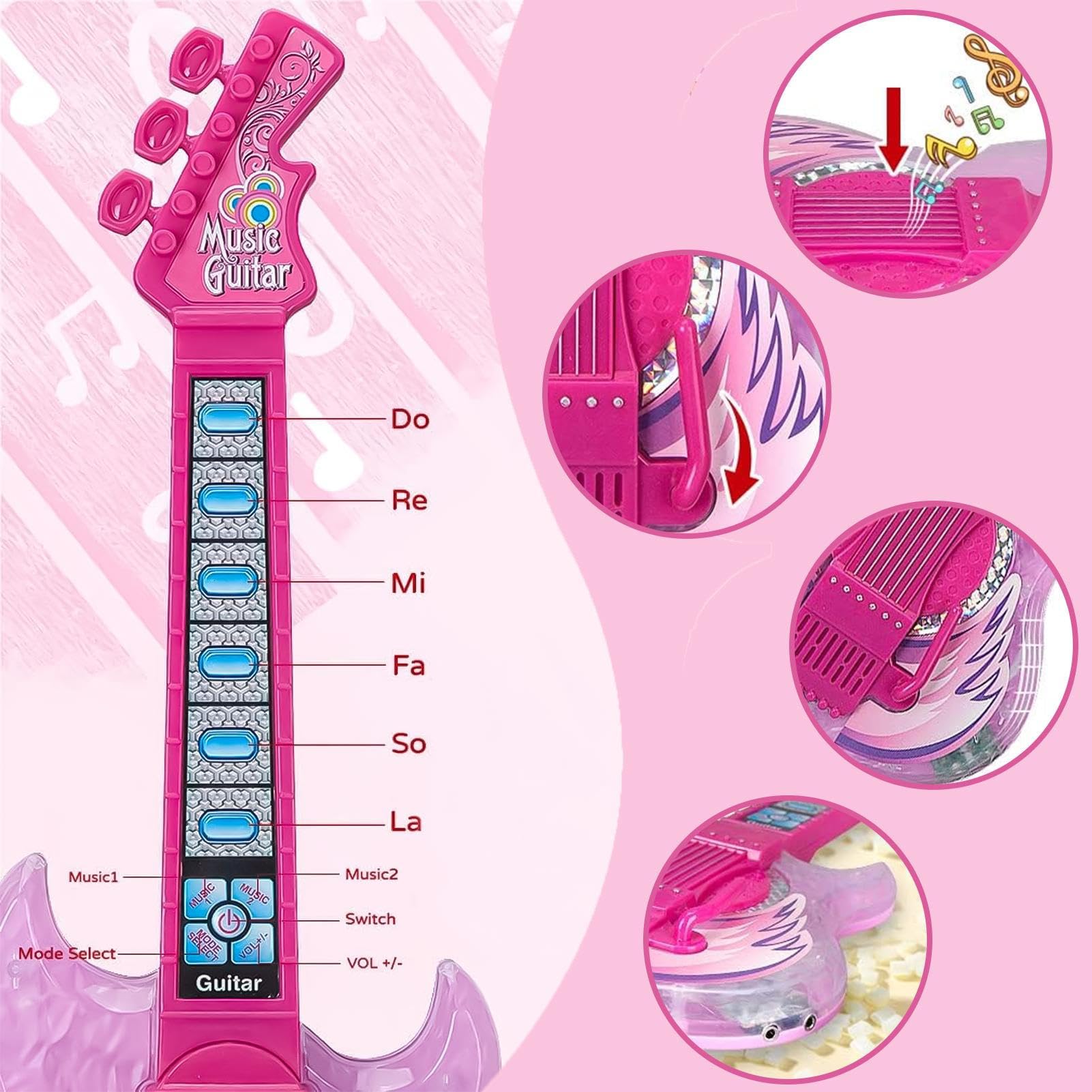 Conjunto de guitarra y micrófono para niñosConjunto infantil juego de juguetes de música con brillante colorido S
