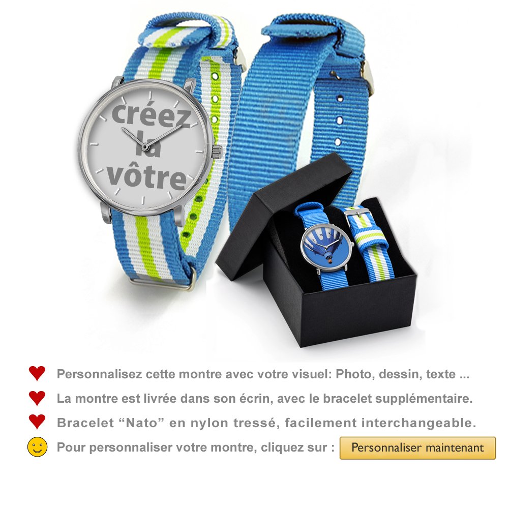Reloj personalizable con una Photo + regalo) con dos pulseras NATO tressés turquesa. visualisez votre reloj personalizada.