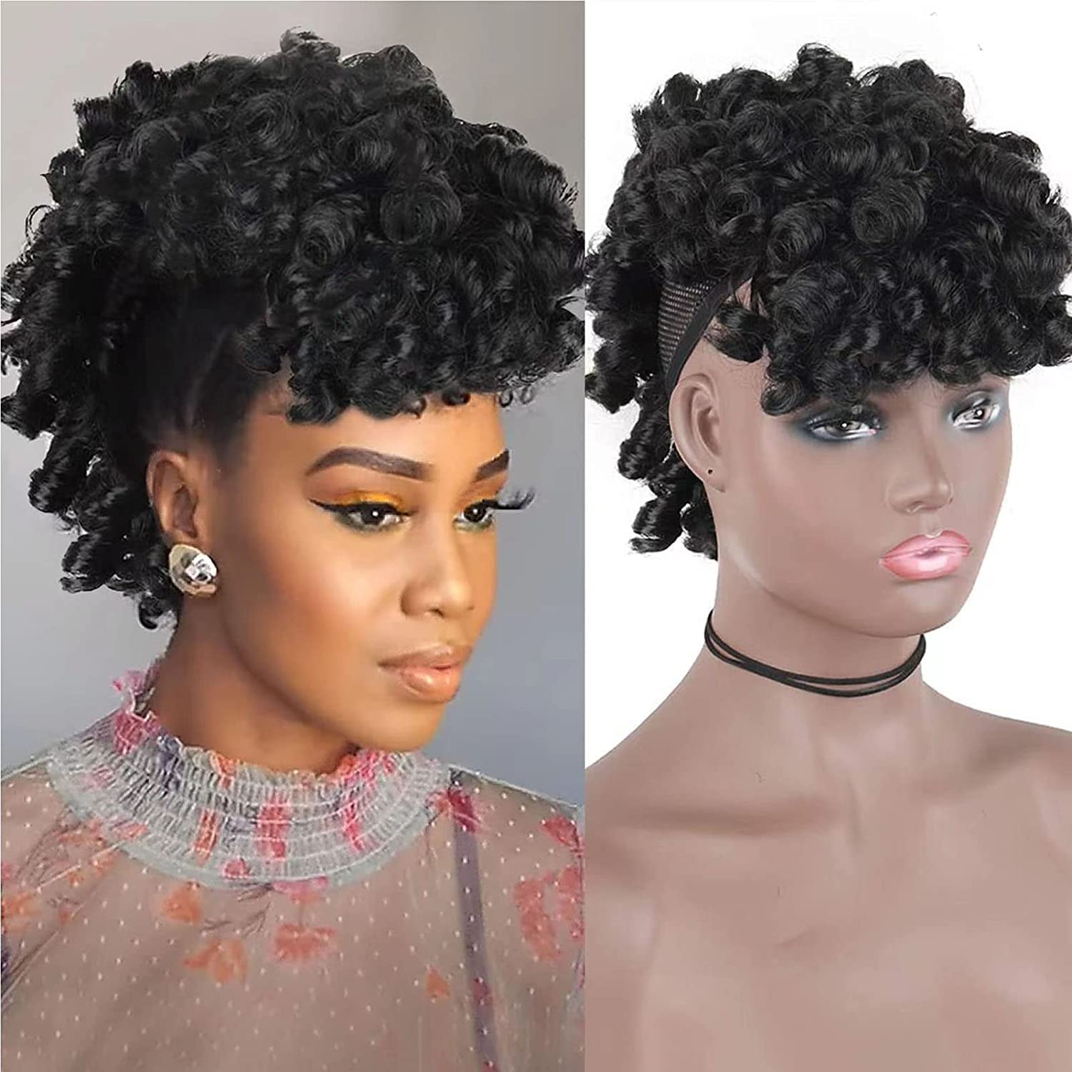 Aisaide Afro Curly Mohawk Wig With Deep CurlyMohawk Ponytails and Bangs for Black Women, Synthetic Black Faux Hawk Hair Piece 1B