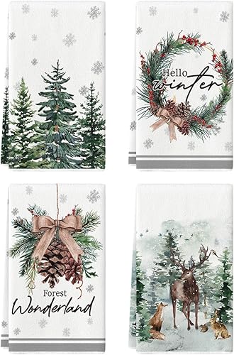 Artoid Mode Juego de 4 toallas de cocina de invierno con diseño de conos de pino de Elk Trees de 18 x 26 pulgadas, diseño de conos de pino y bayas