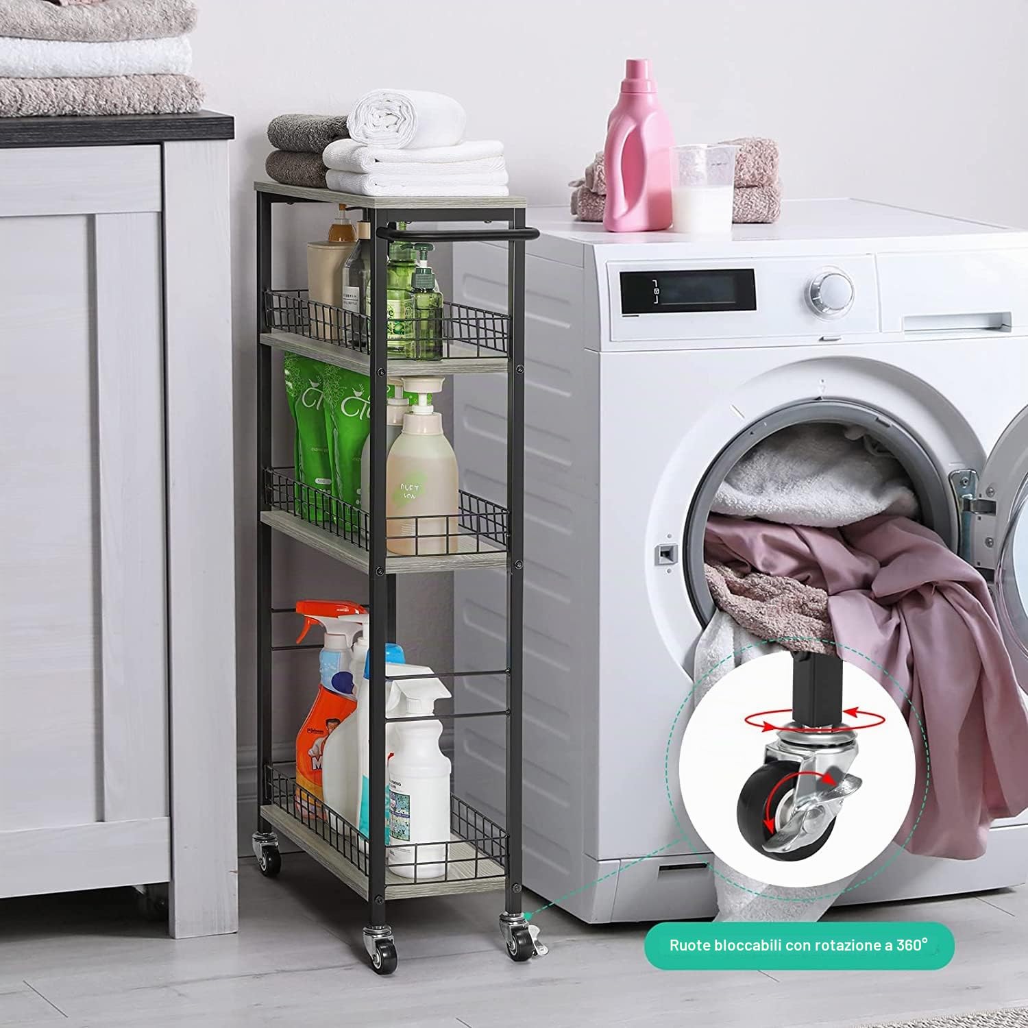 YBING Carrello portaoggetti sottile a 4 livelli sottile su ruote, carrello da cucina mobile stretto con tavolo in legno, grigio scorrevole con manico per soggiorno, dispensa, larghezza 17.9 cm