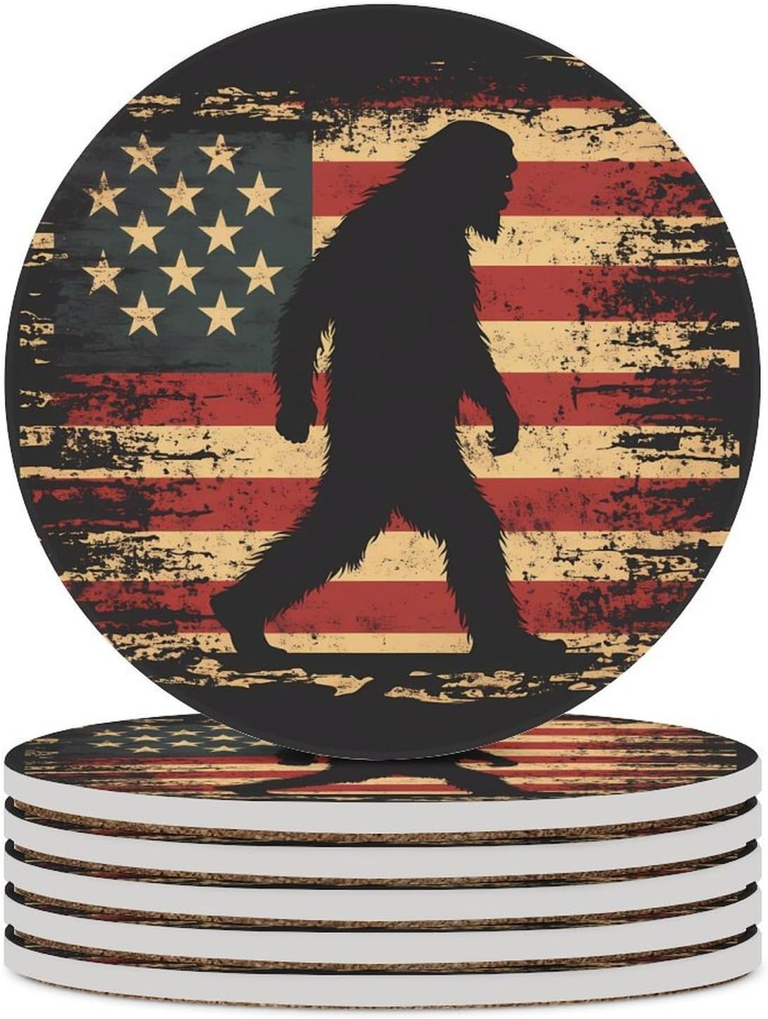 Bigfoot U.S.A. Flag Round Ceramic Coasters for Drinks Absorbent Cup Holder Tabletop Protector with Cork Base