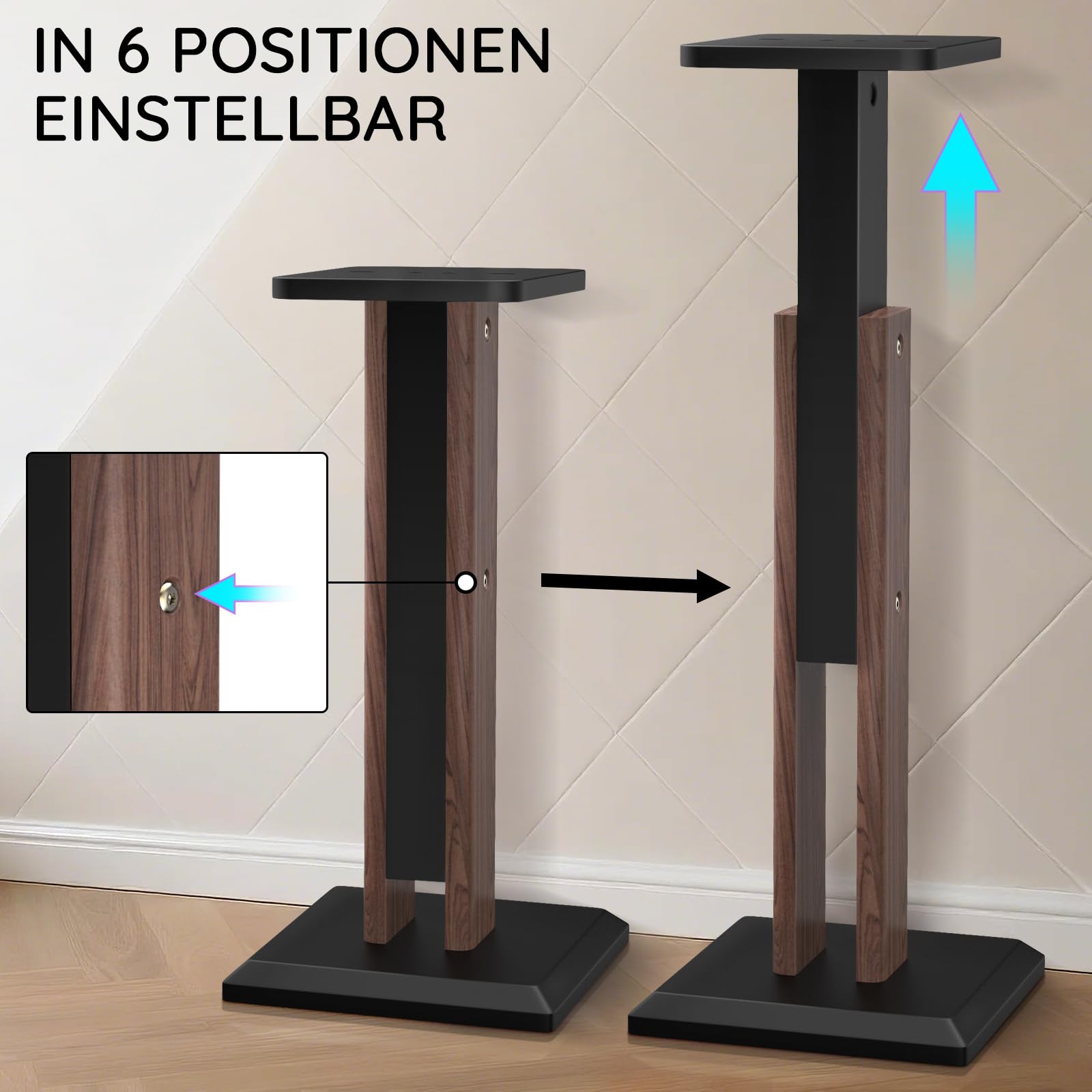 Lautsprecherständer 65-85cm höhenverstellbar, Boxenständer Holz für Satelliten Regallautsprecher von 4 bis 10 Zoll, 20kg Tragkraf, 2er-Set