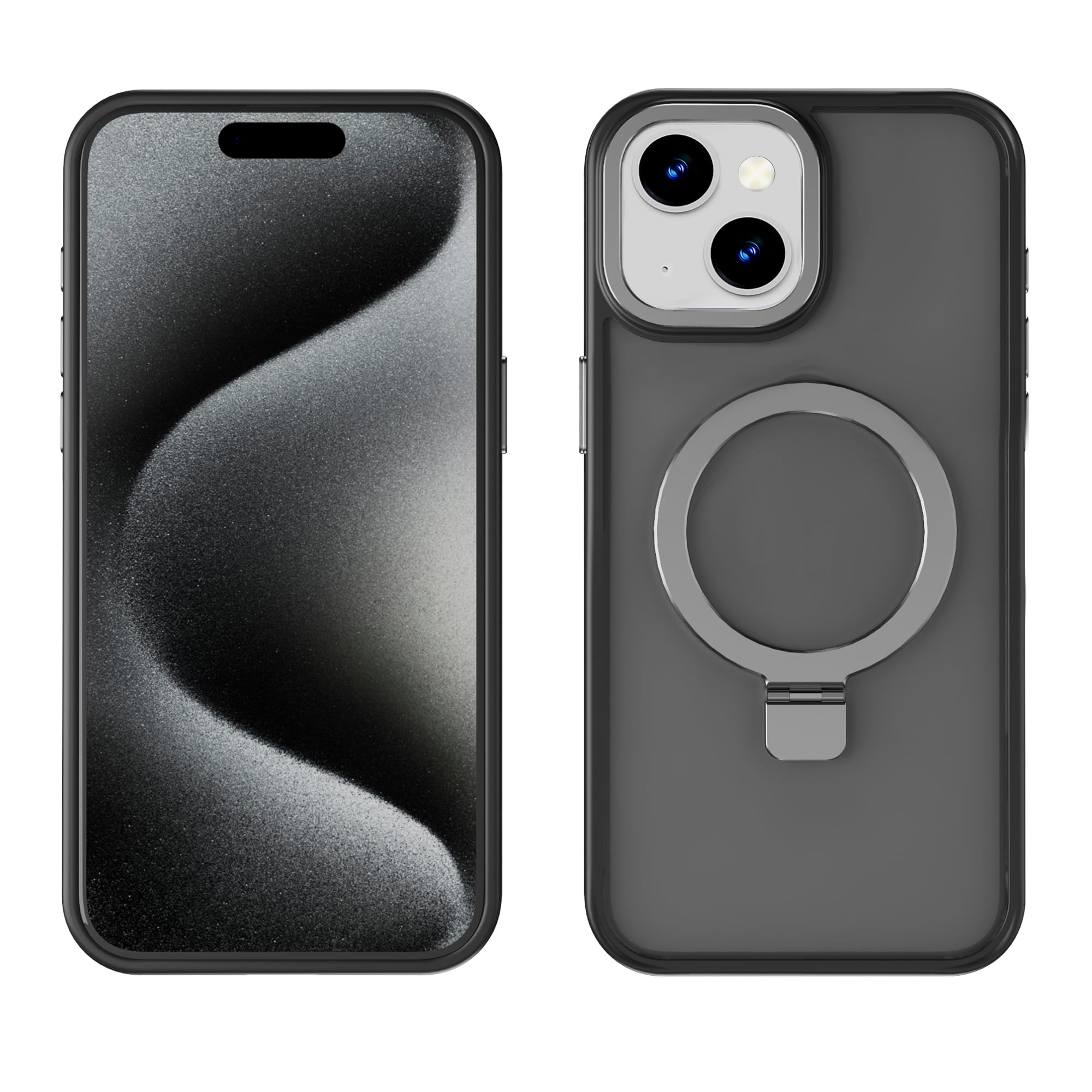 amazon basics Grip Case for iPhone 15 | Horizontal and Vertical Metal Rotating Stand Included (Grey)