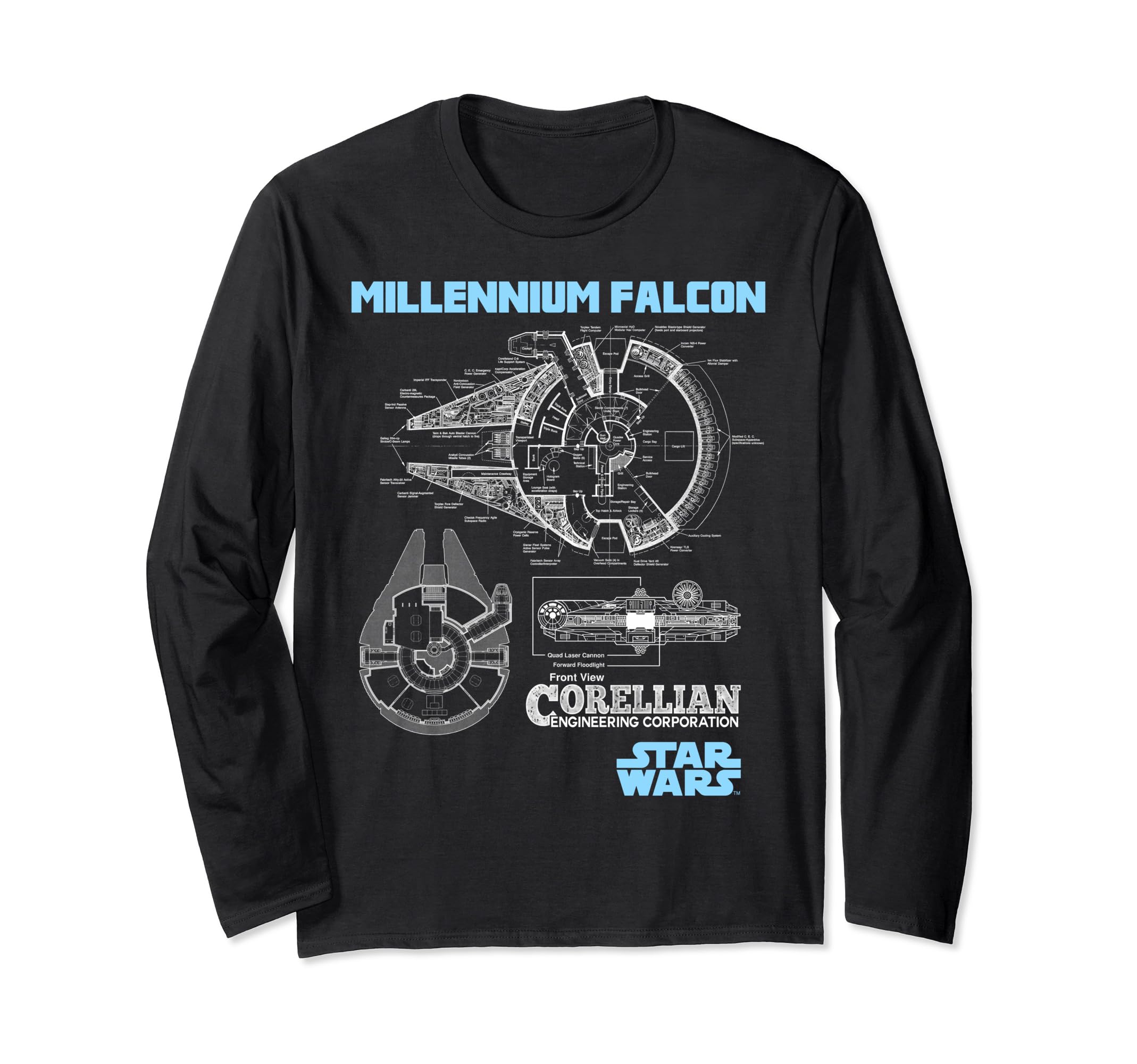 Star Wars Millennium Falcon Corellian Trade Ship Schematic Long Sleeve T-Shirt, Black