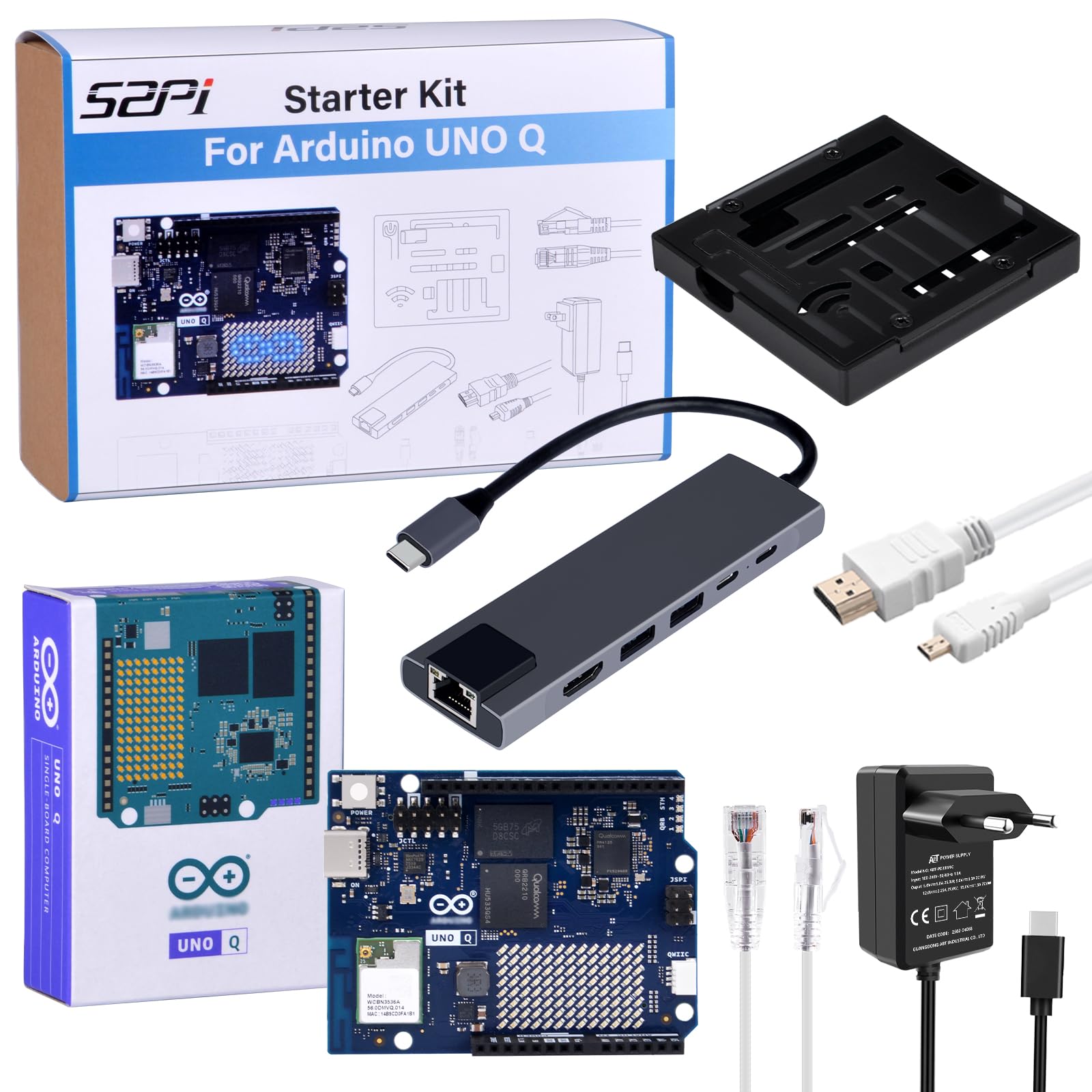 GeeekPi Starter Kit per Arduino UNO Q - Kit di sviluppo KI & Embedded con 2 GB di RAM, 16 GB eMMC, alloggiamento in alluminio, hub USB-C, alimentatore, cavo HDMI, cavo patch Ethernet Cat6 e accessori